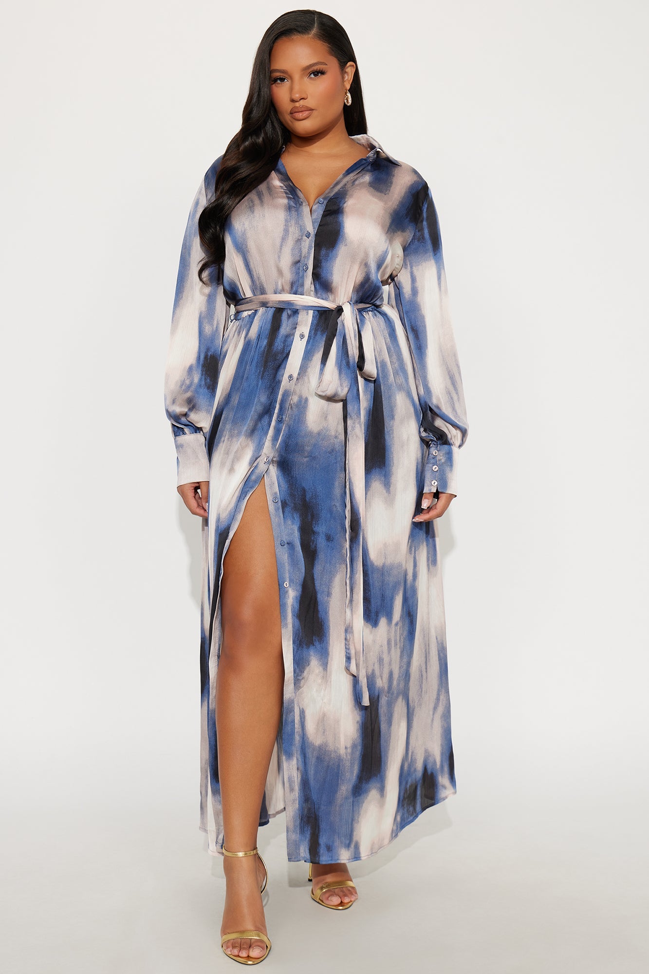 Pout And Play Satin Maxi Shirt Dress - Blue/combo