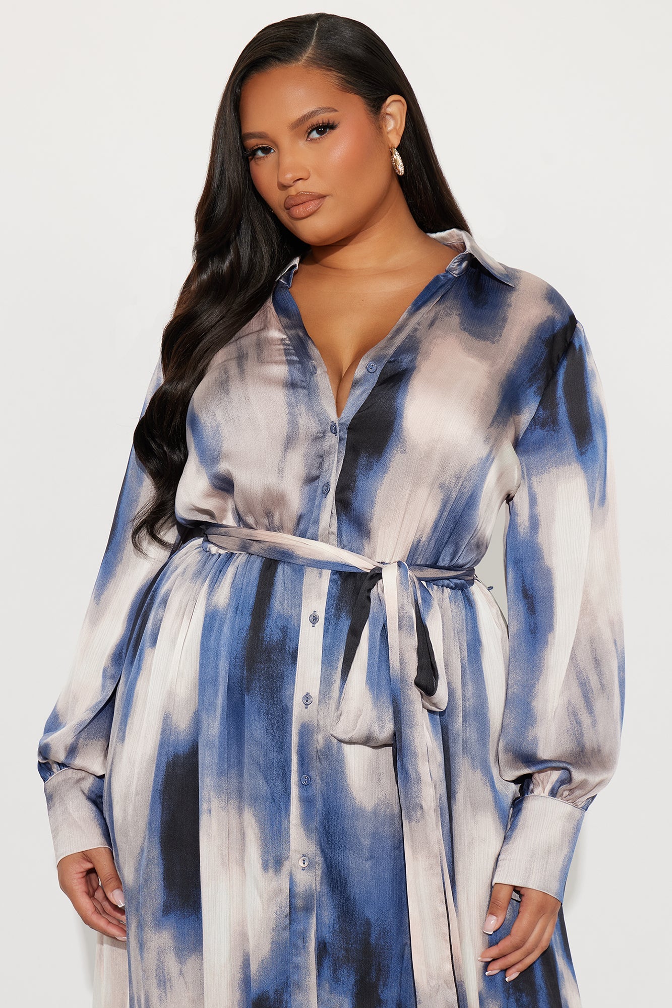 Pout And Play Satin Maxi Shirt Dress - Blue/combo