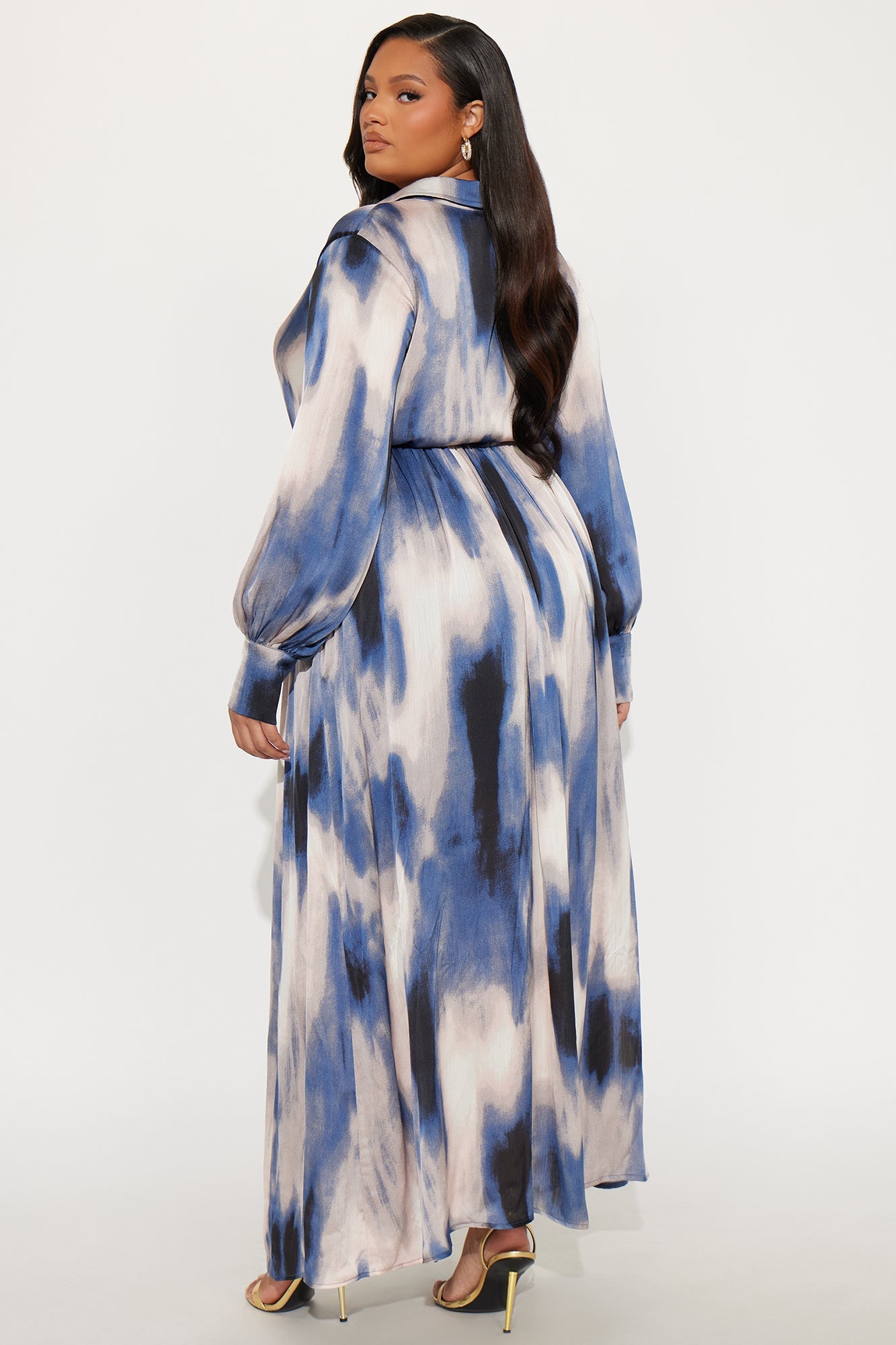 Pout And Play Satin Maxi Shirt Dress - Blue/combo