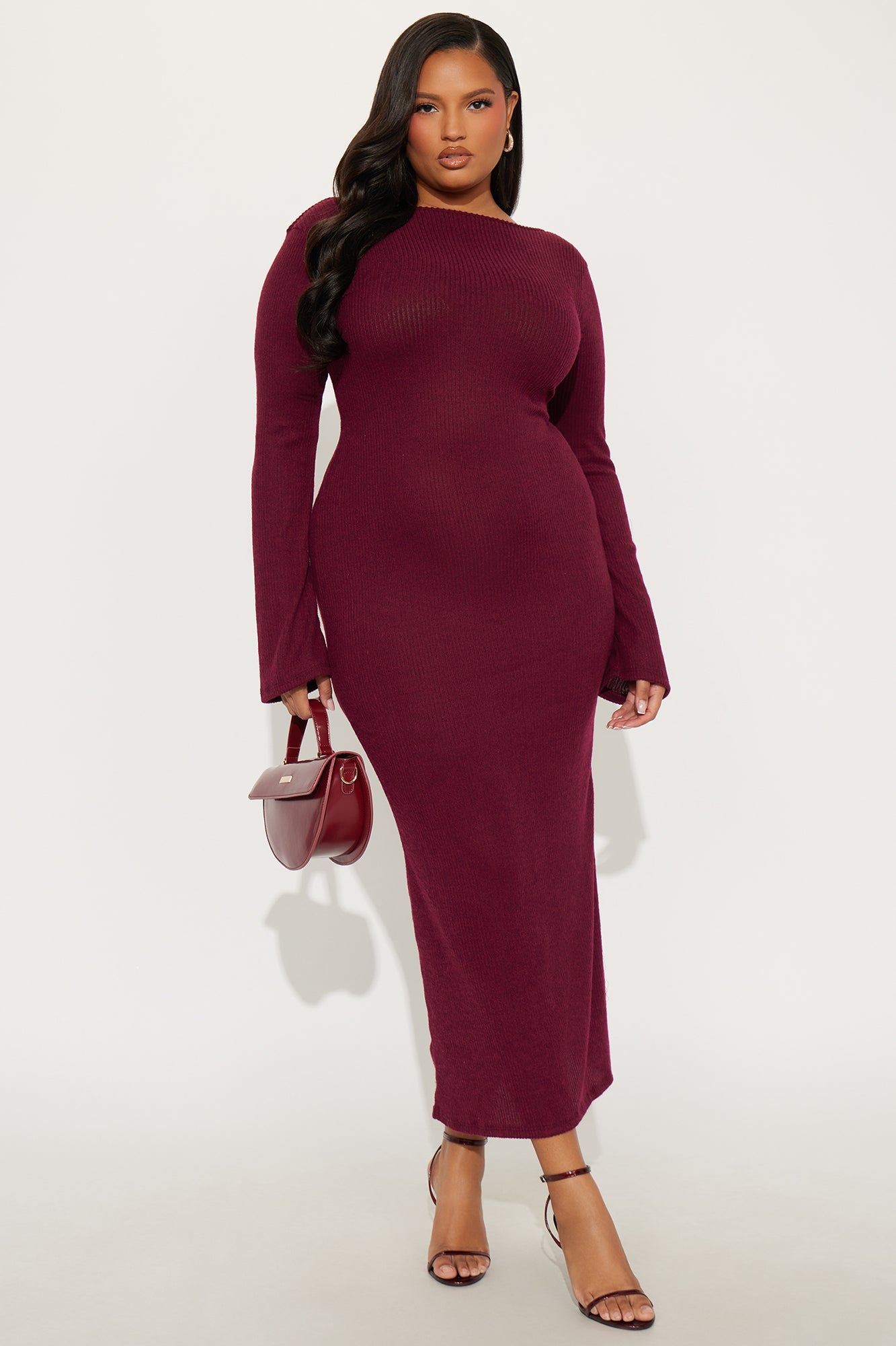Cuddled Up Long Sleeve Maxi Dress - Burgundy