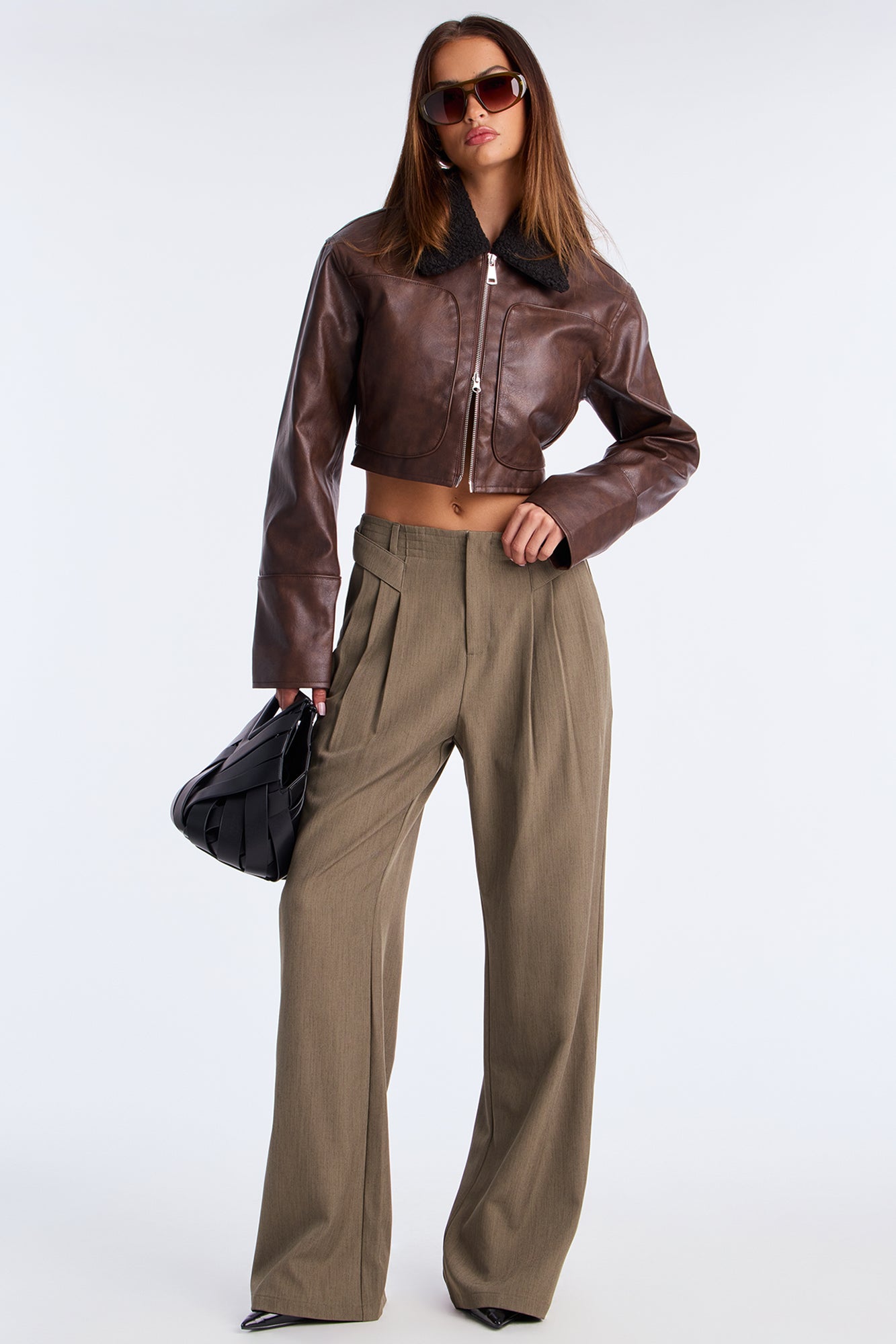 Fly High Faux Leather Cropped Jacket - Brown