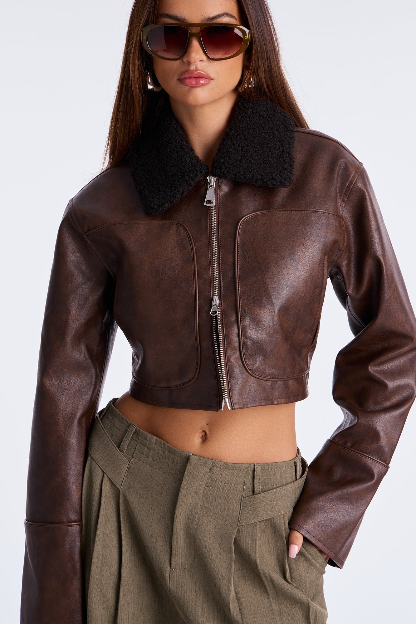Fly High Faux Leather Cropped Jacket - Brown