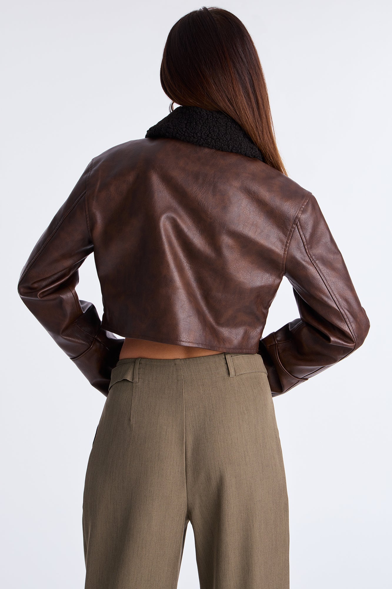 Fly High Faux Leather Cropped Jacket - Brown