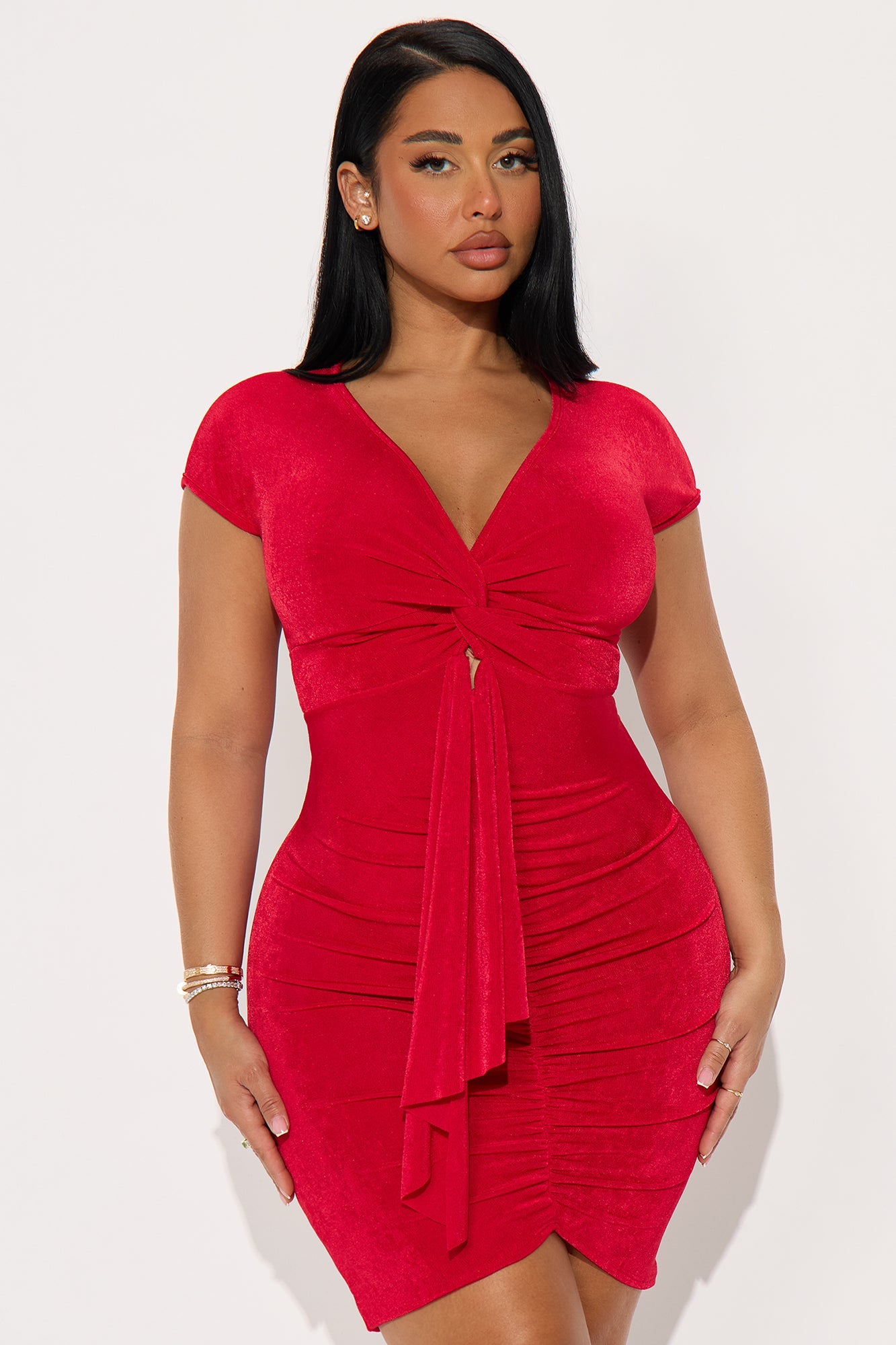 Elle Slinky Twist Ruched Midi Dress - Red