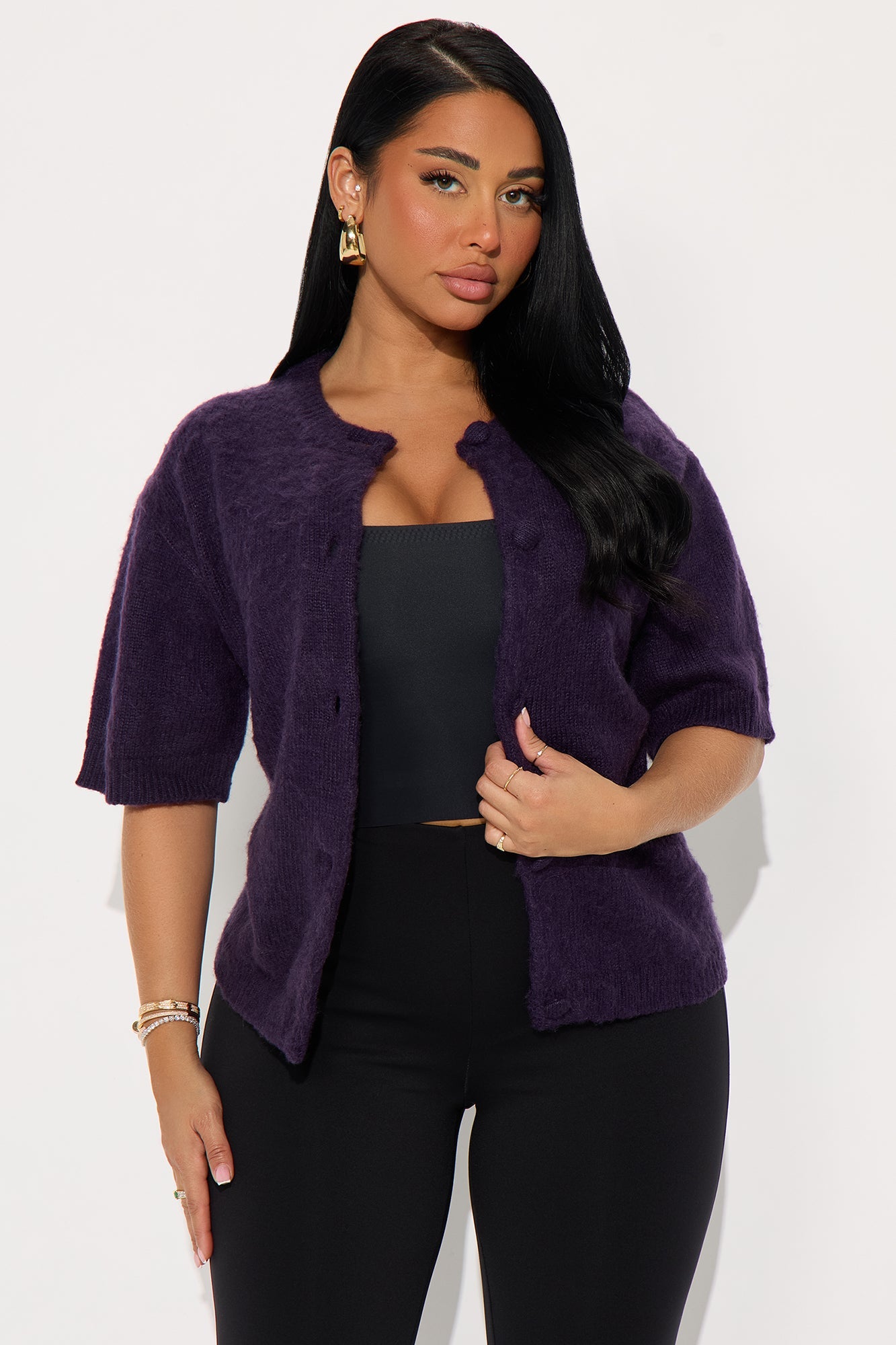Feeling Tipsy Short Sleeve Cardigan Top - Eggplant