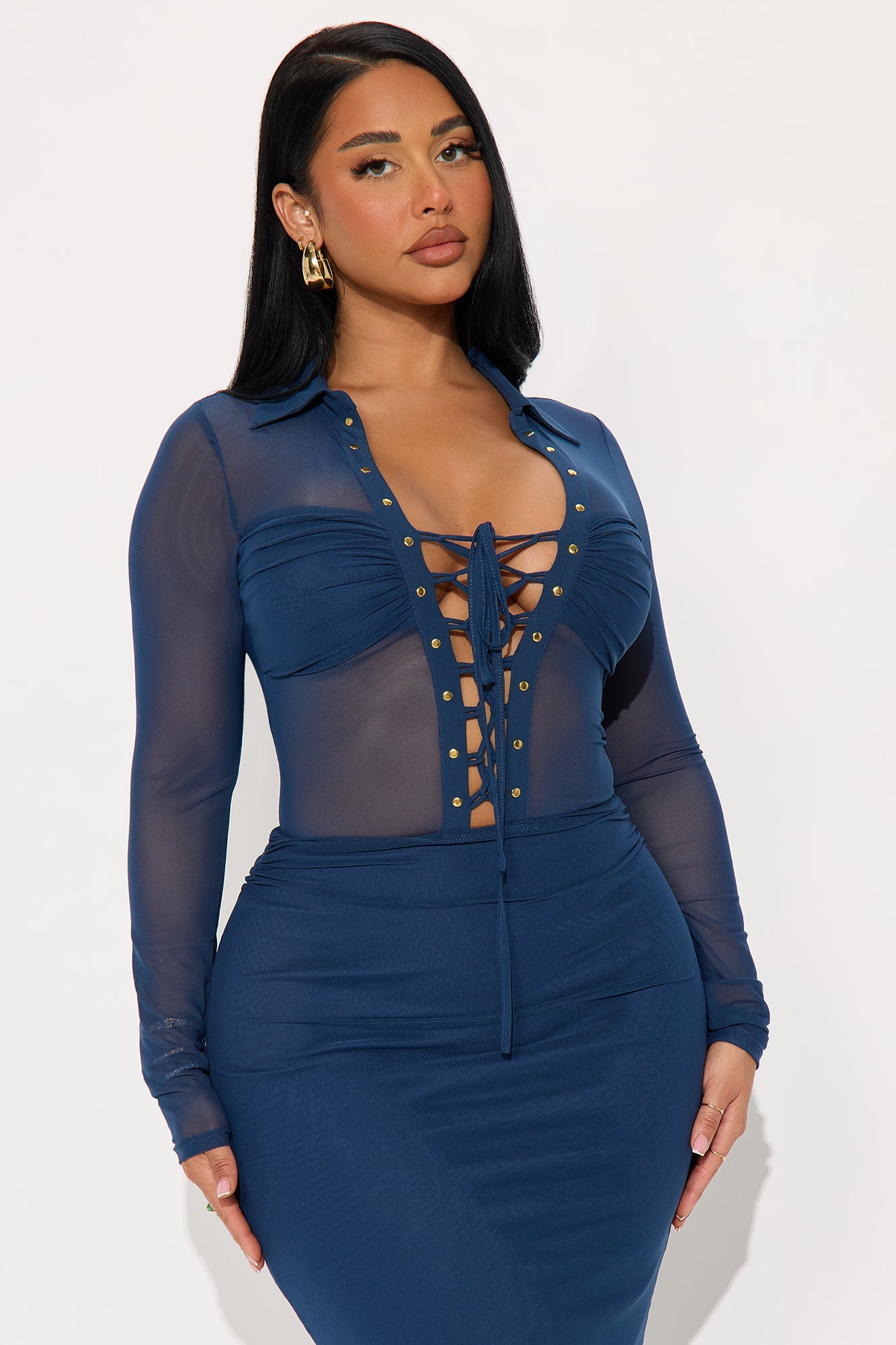 Leene Mesh Lace Up Maxi Dress - Navy