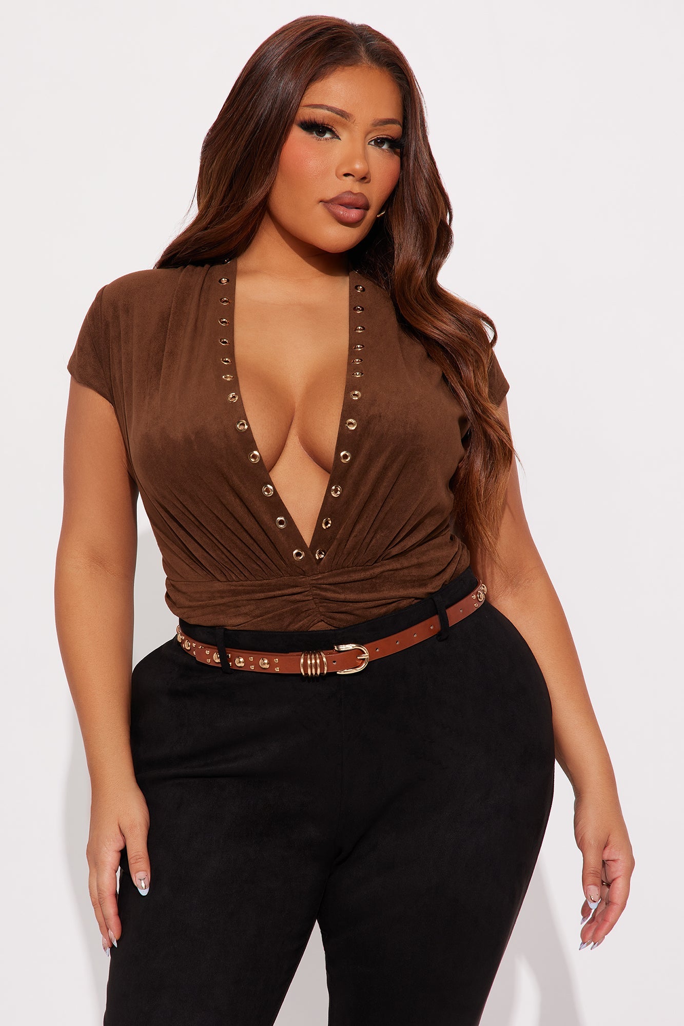 When In Nashville Faux Suede Bodysuit - Brown