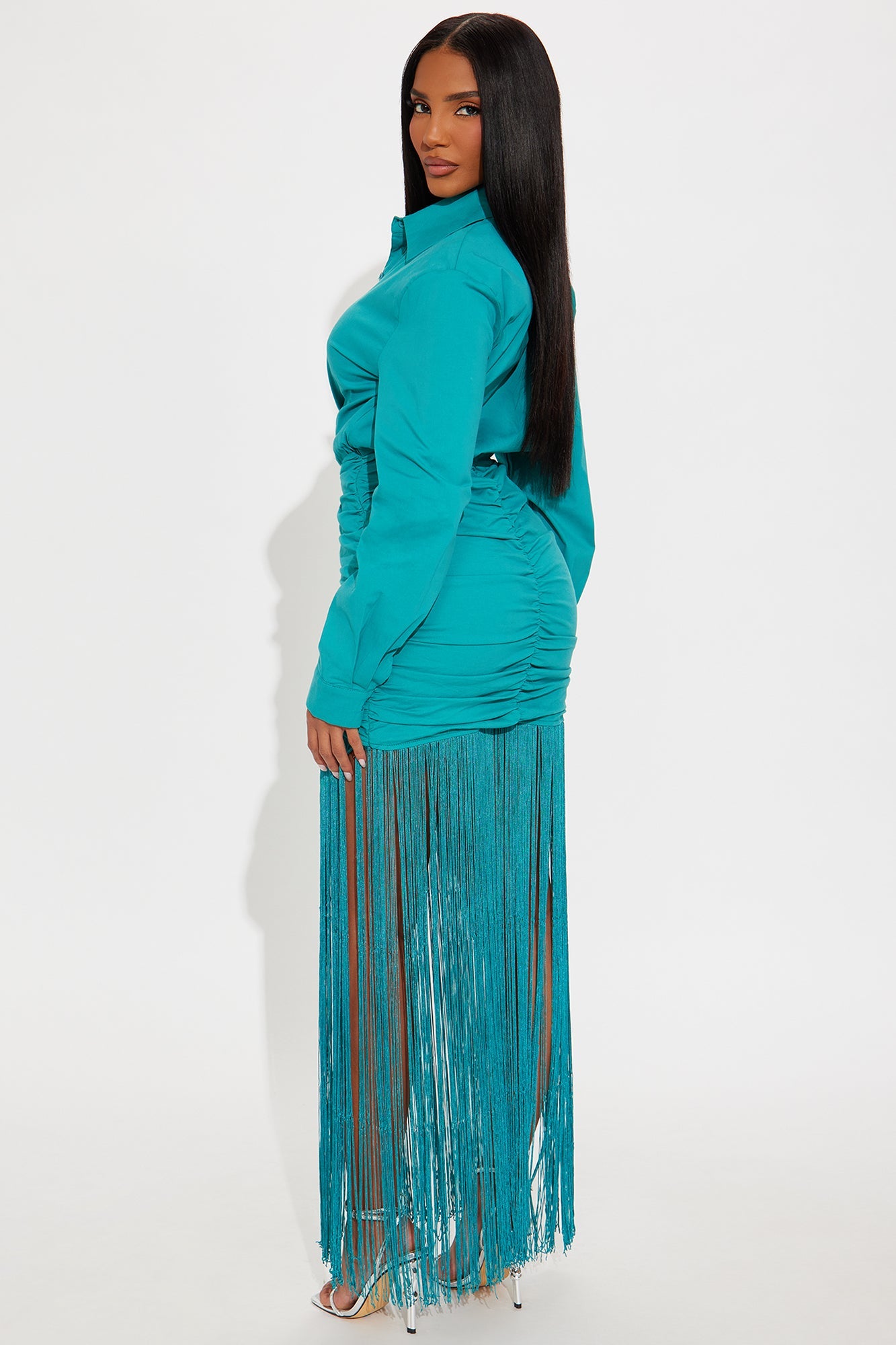 Bridget Fringe Maxi Shirt Dress - Teal