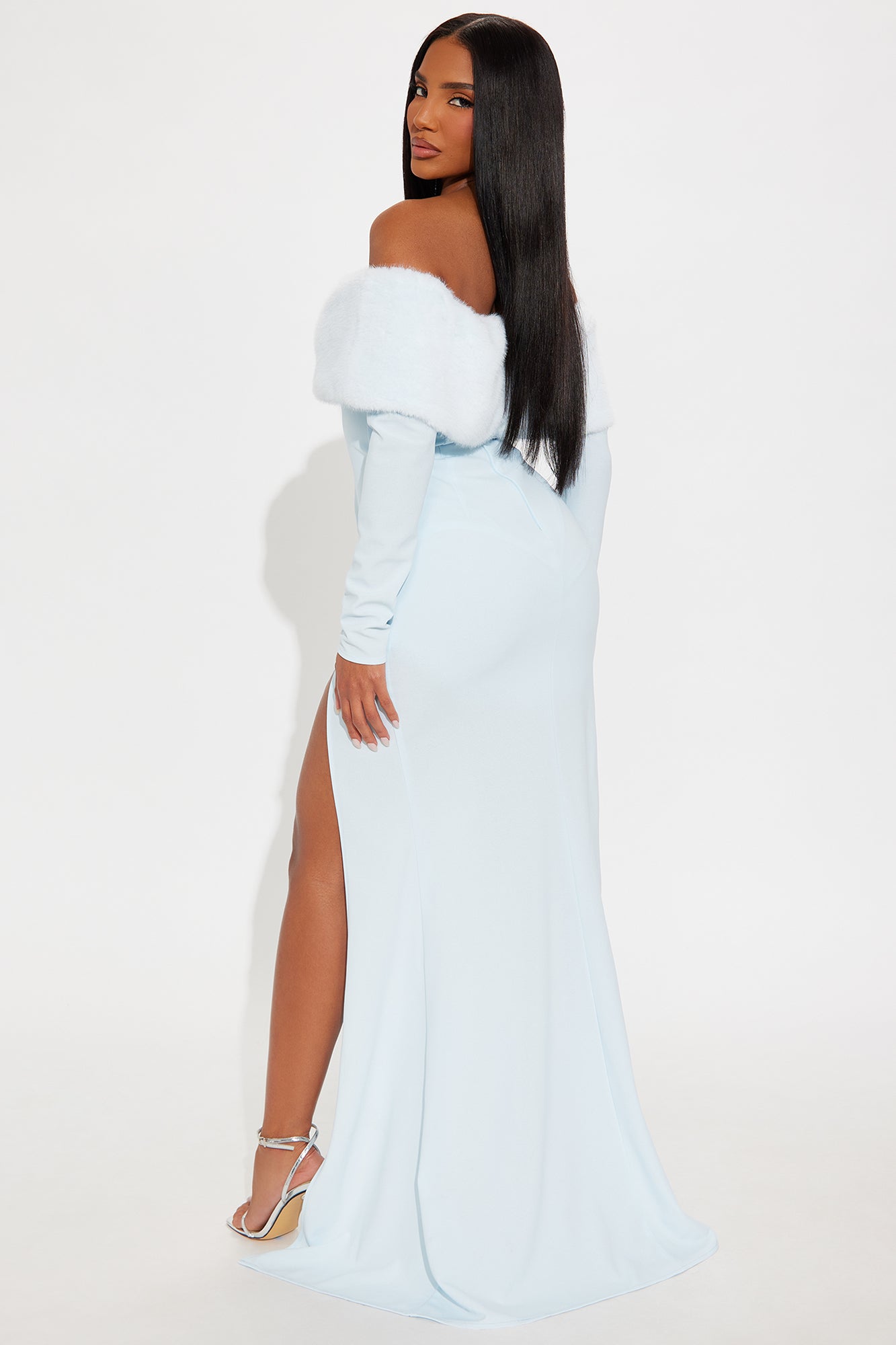 Erin Off Shoulder Fur Maxi Dress - Light Blue