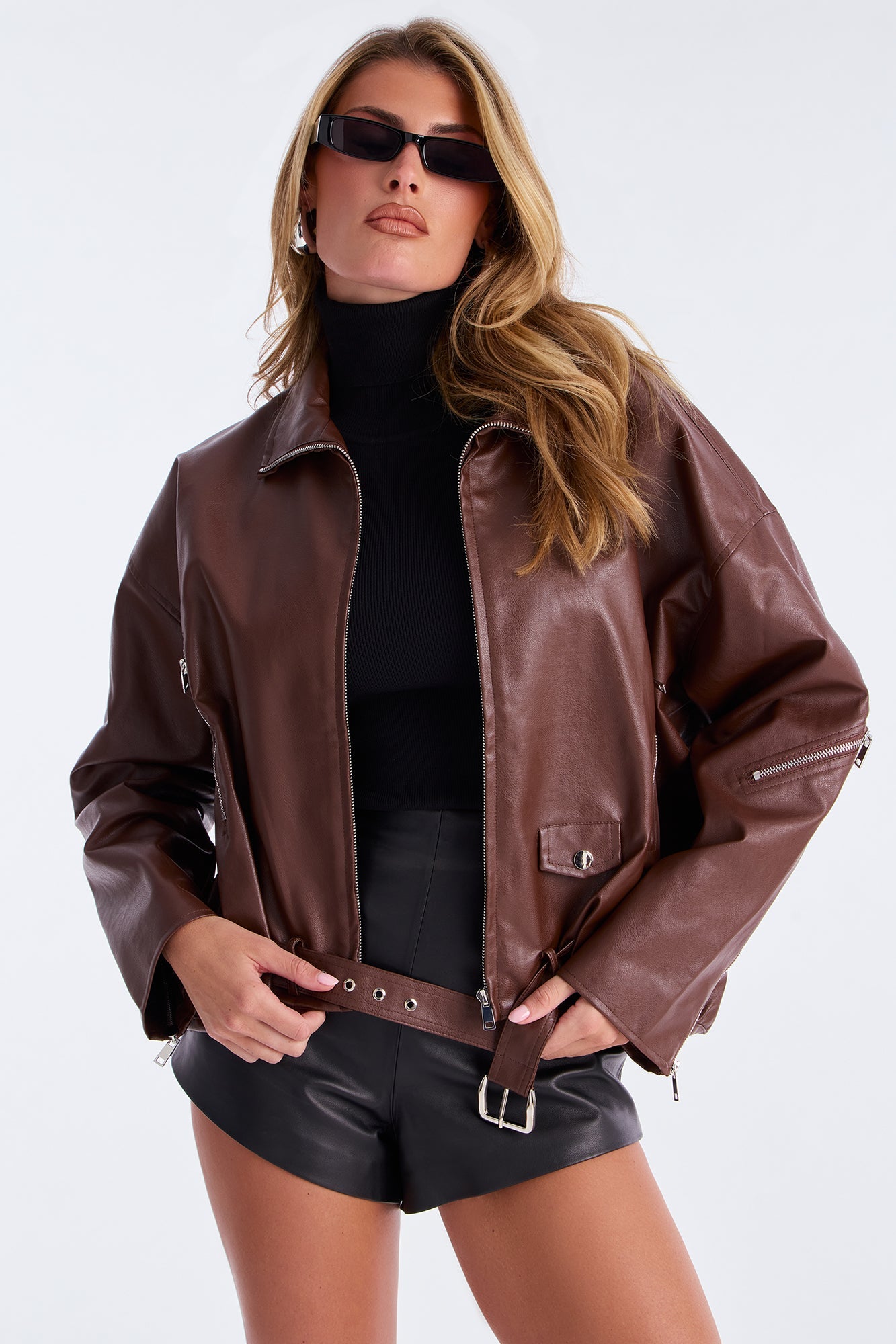 Skyline Belted Faux Leather Moto Jacket - Brown