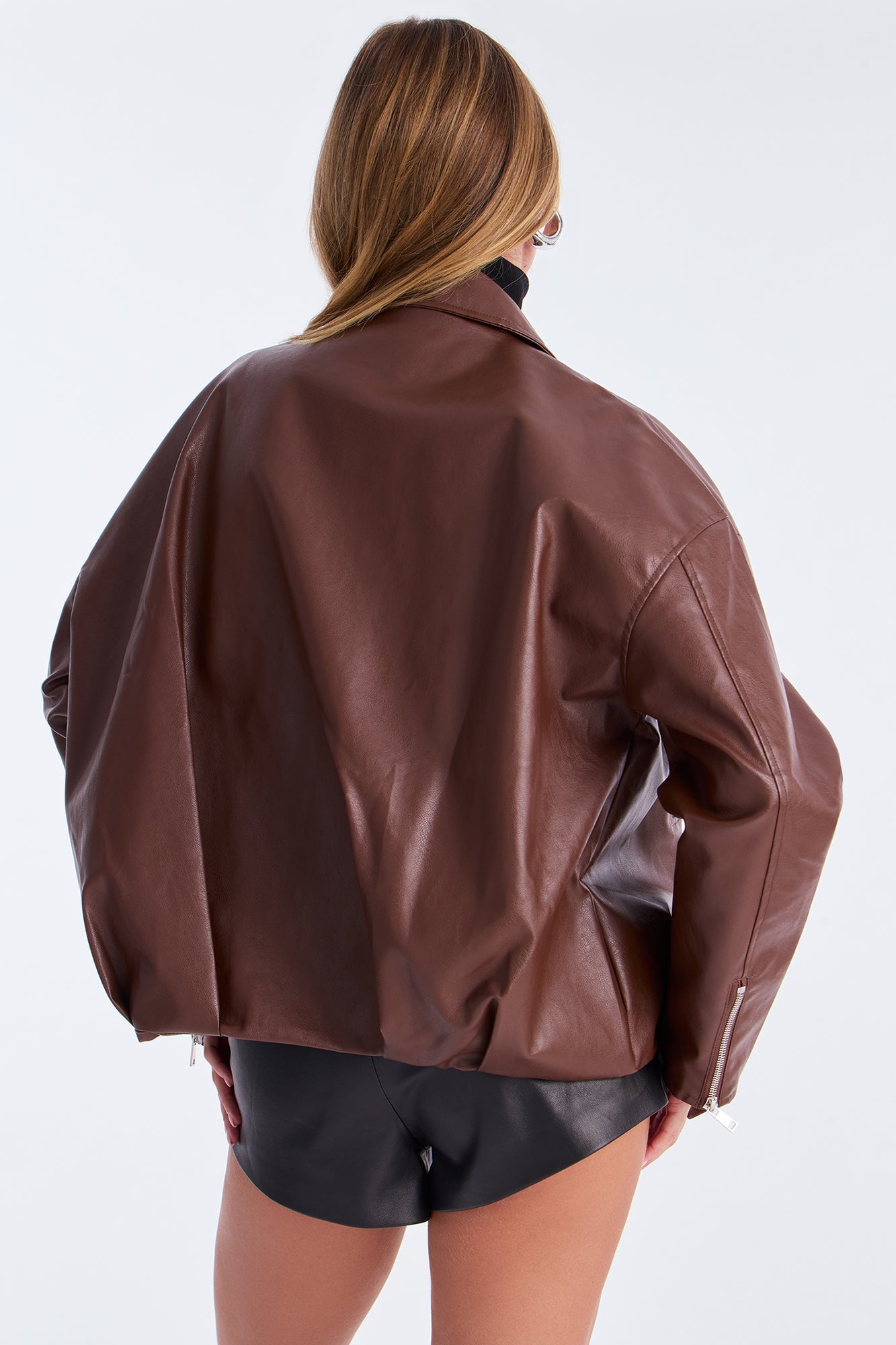Skyline Belted Faux Leather Moto Jacket - Brown