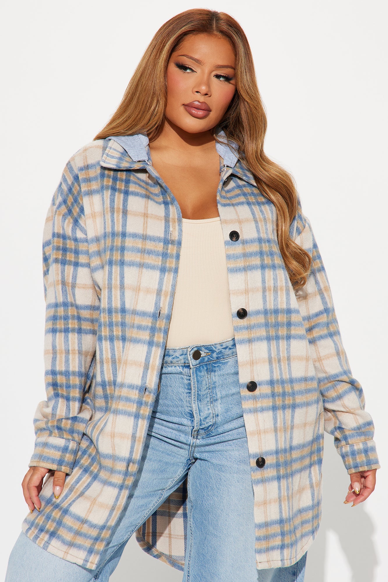 Veronica Hooded Plaid Shacket - Blue/combo