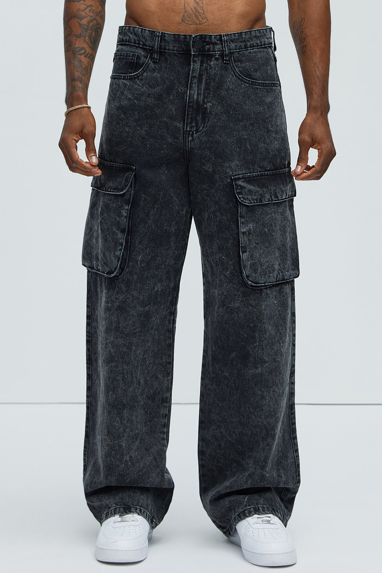 Baggy Clover Cargo Jeans - Black