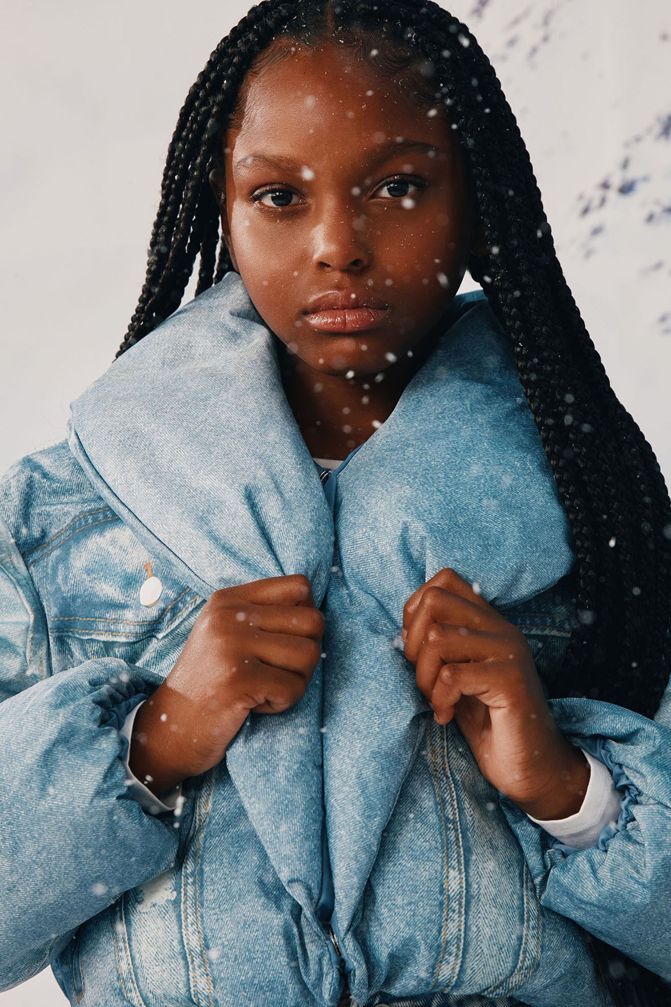 Mini Jenna Cropped Faux Denim Puffer Coat - Denim