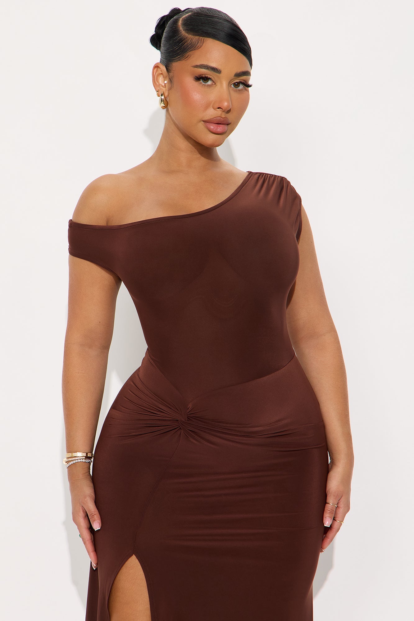 Azari One Shoulder Midi Dress - Brown