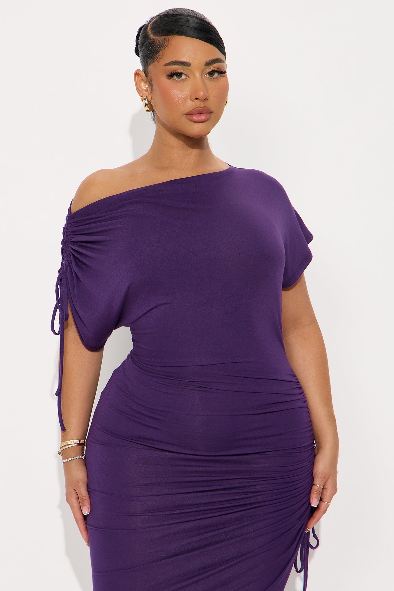 Kimberly Ruched Short Sleeve Dress - Eggplant