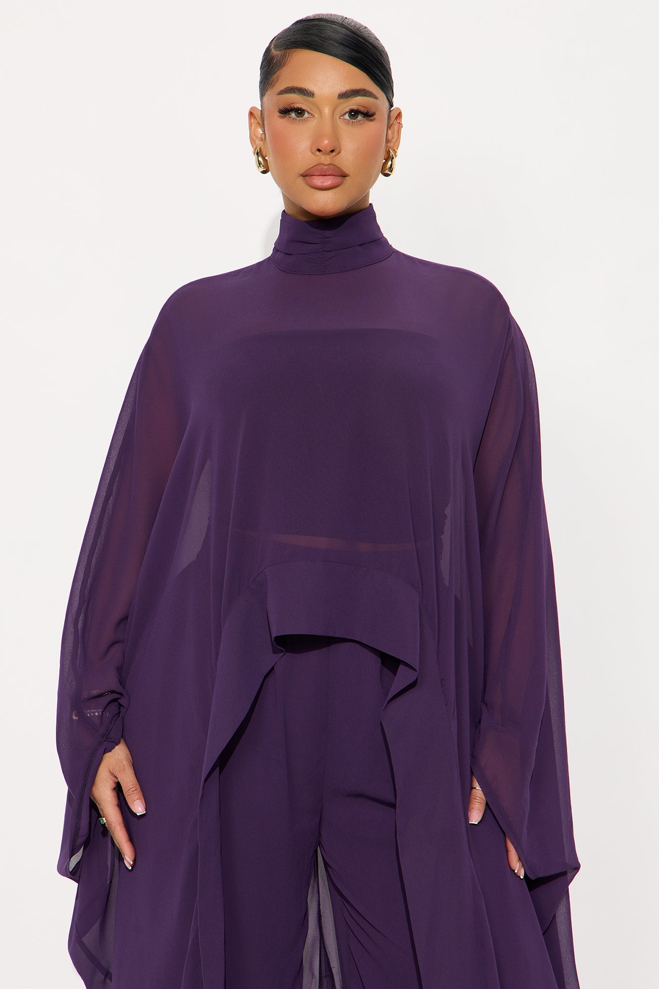 Sheer Moment Draped Pant Set - Eggplant