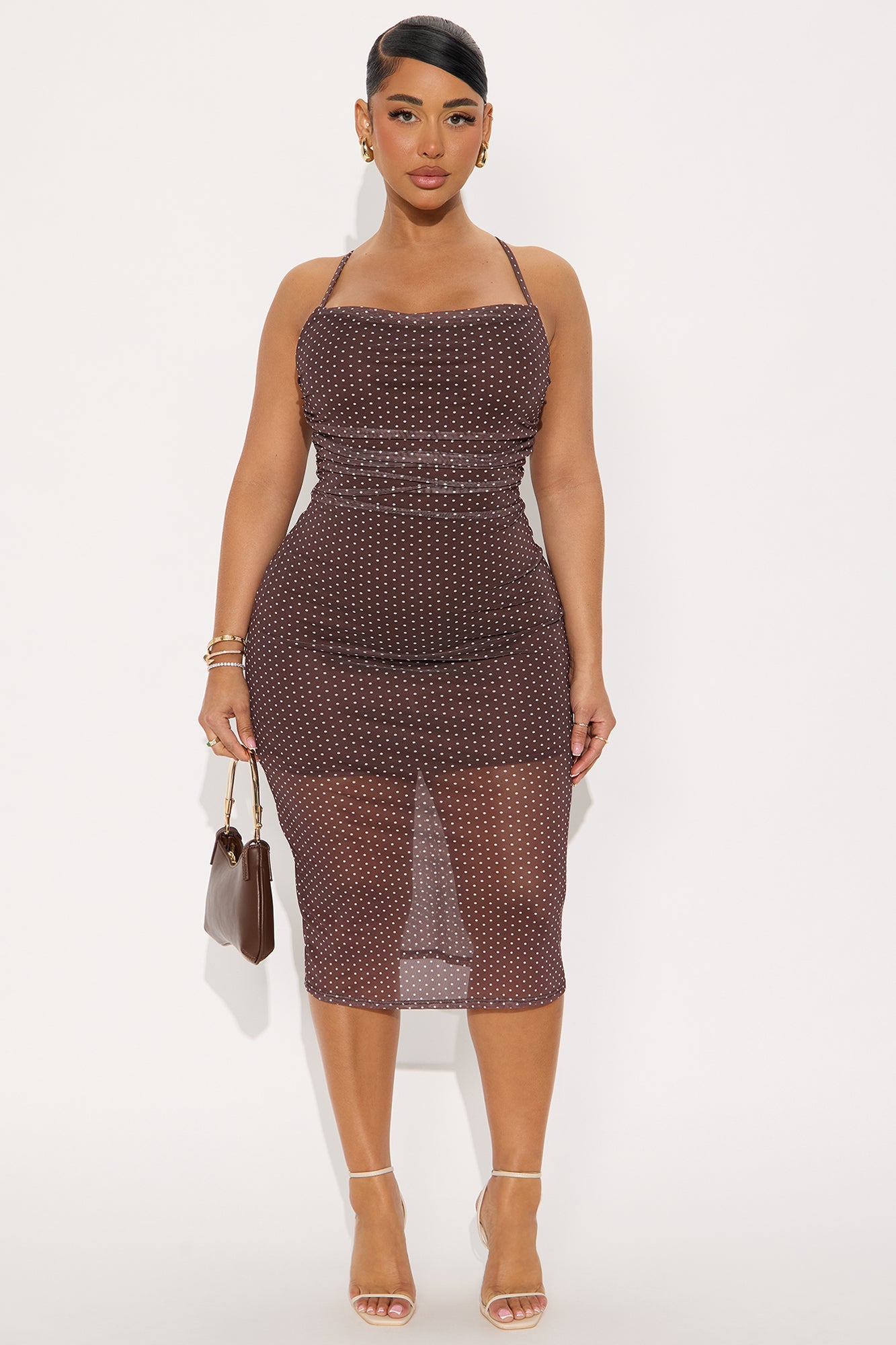 Corrine Polka Dot Mesh Midi Dress - Brown/combo
