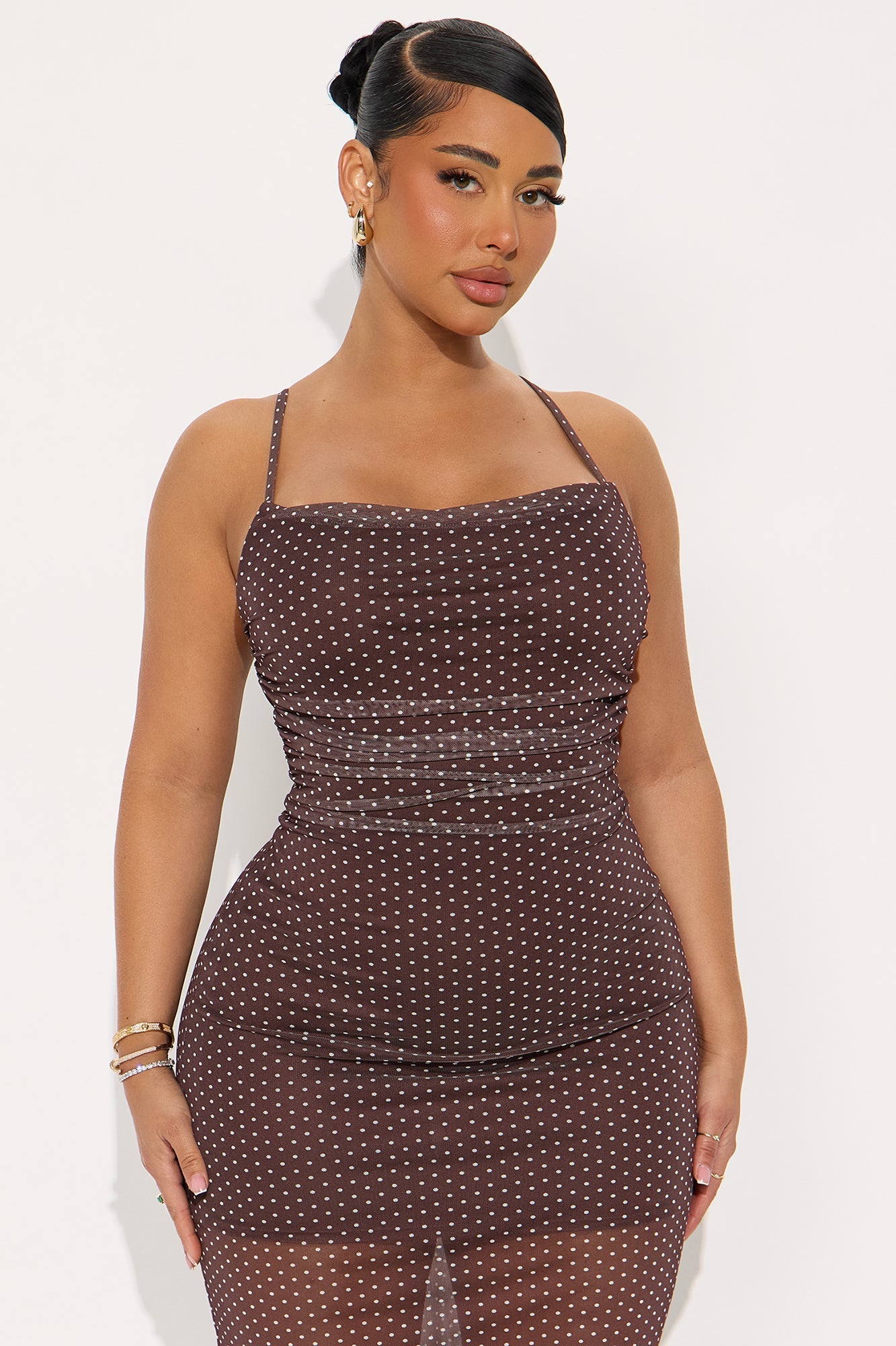 Corrine Polka Dot Mesh Midi Dress - Brown/combo