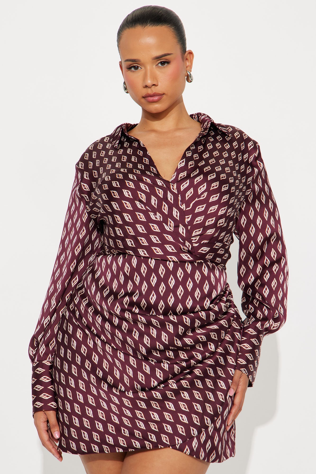 Cassie Collar Shirt Mini Dress - Burgundy/combo