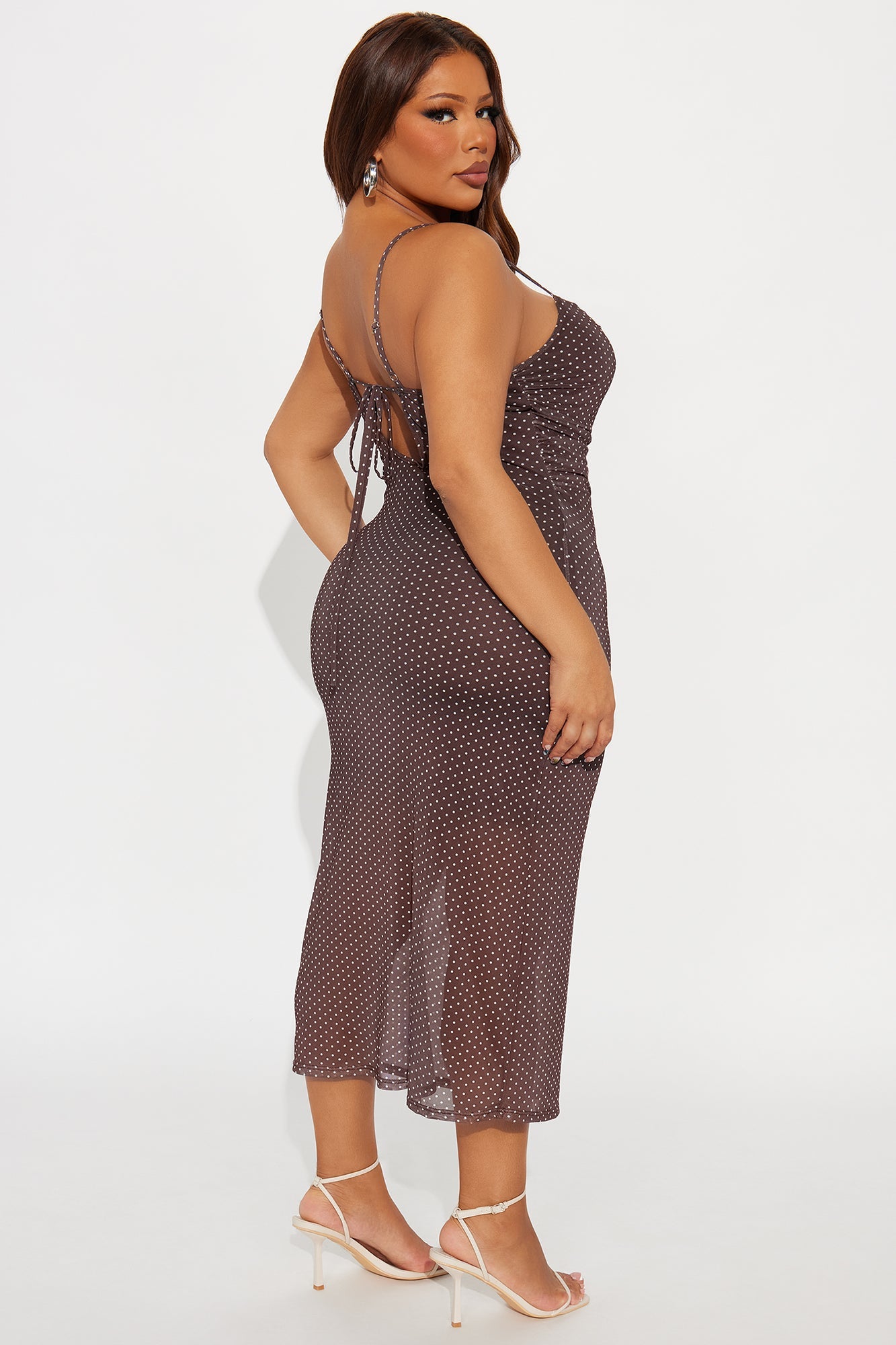Corrine Polka Dot Mesh Midi Dress - Brown/combo