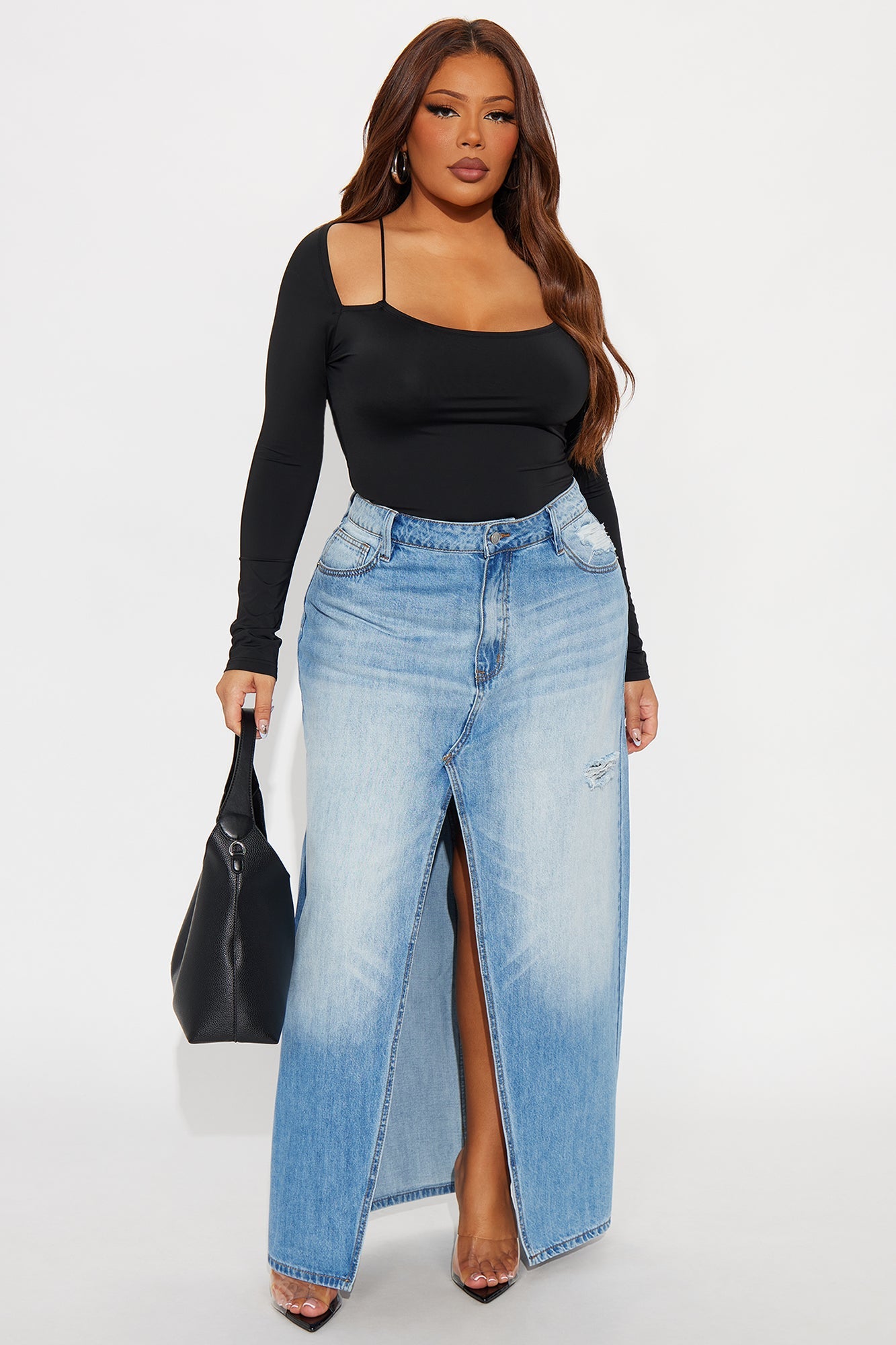 Josie Destructed Washed Denim Maxi Skirt - Medium Wash