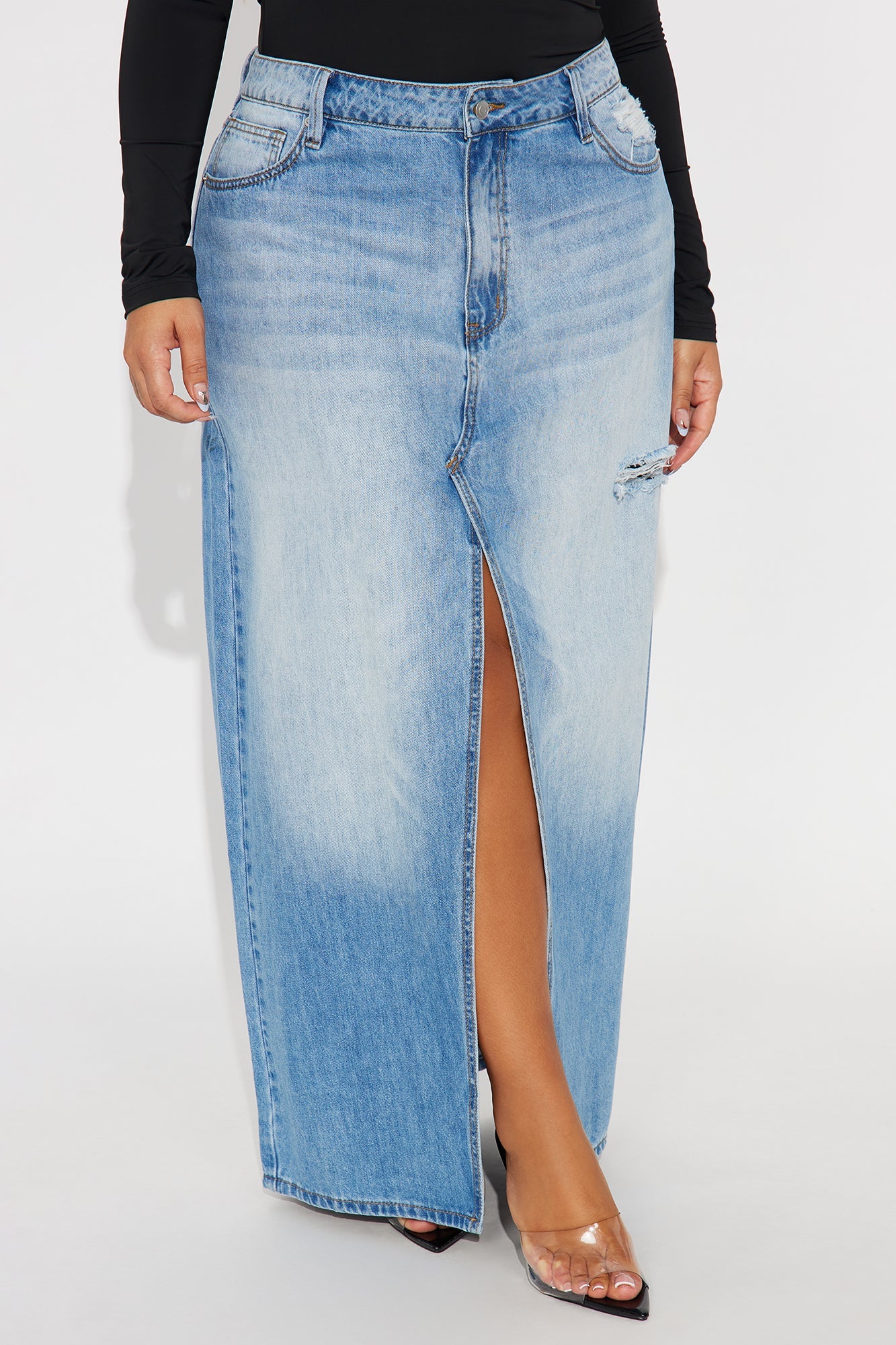 Josie Destructed Washed Denim Maxi Skirt - Medium Wash