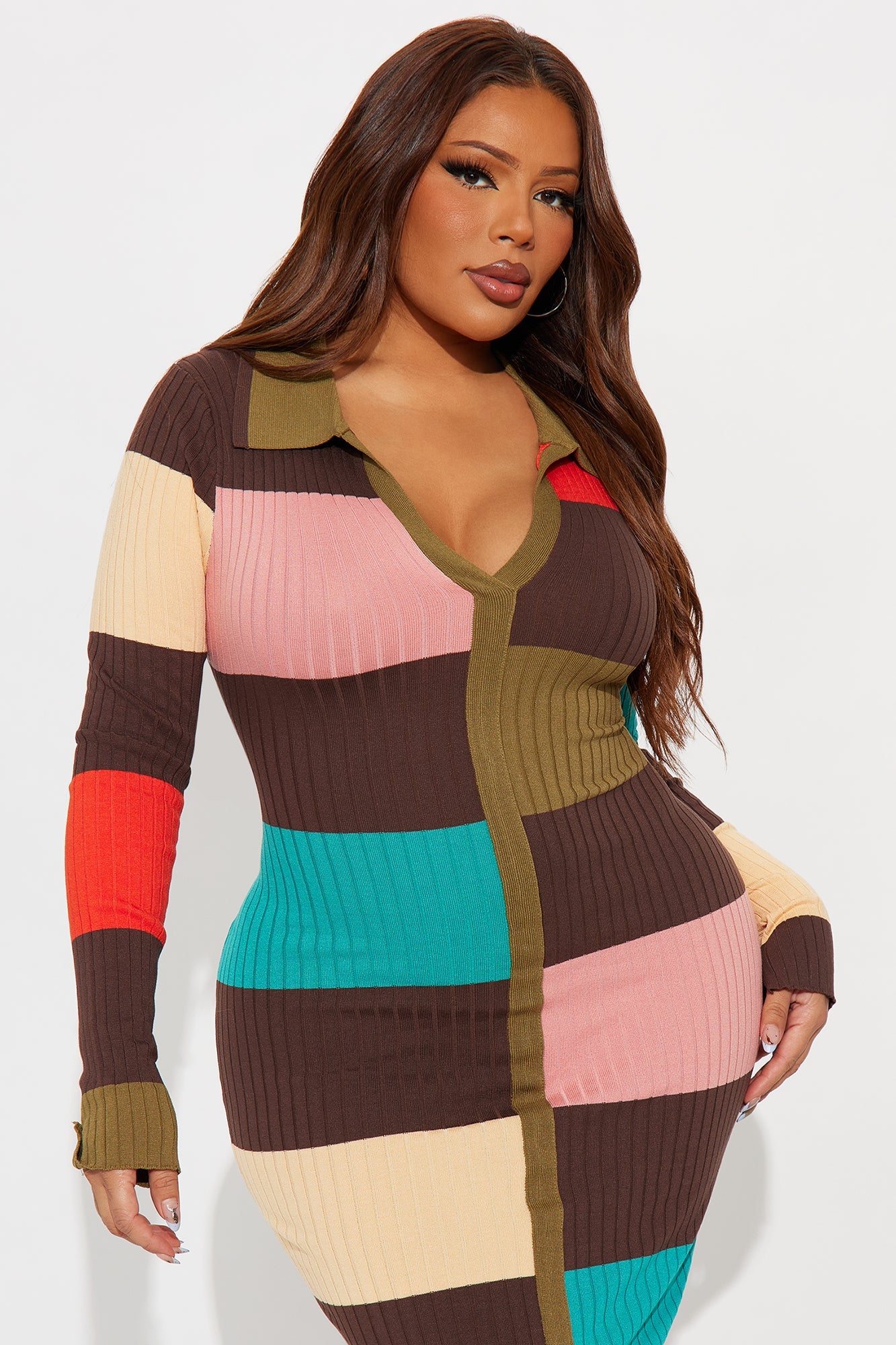 Rachel Collared Long Sleeve Maxi Dress - Brown/combo