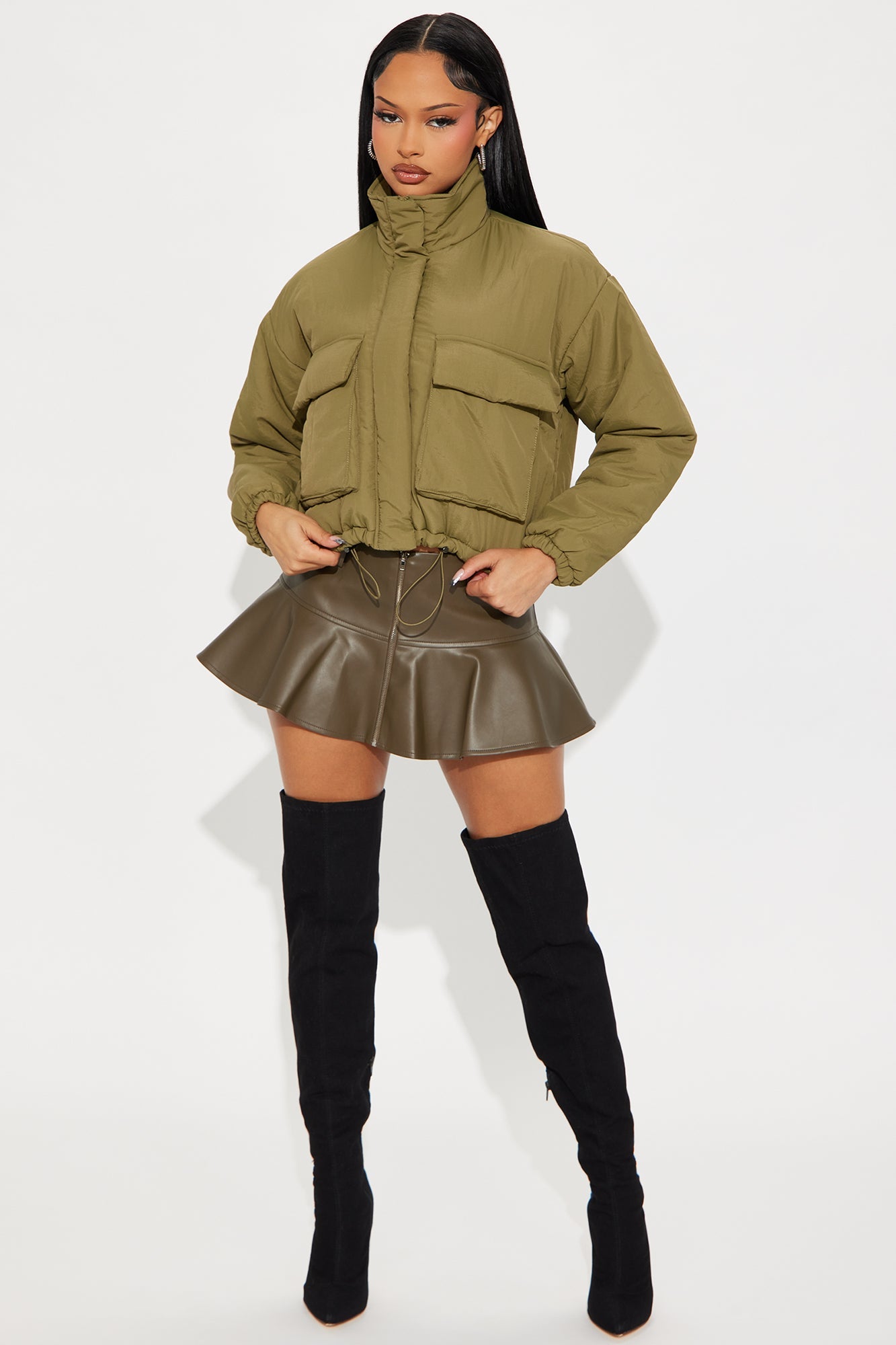 Anika Cropped Puffer Jacket - Olive