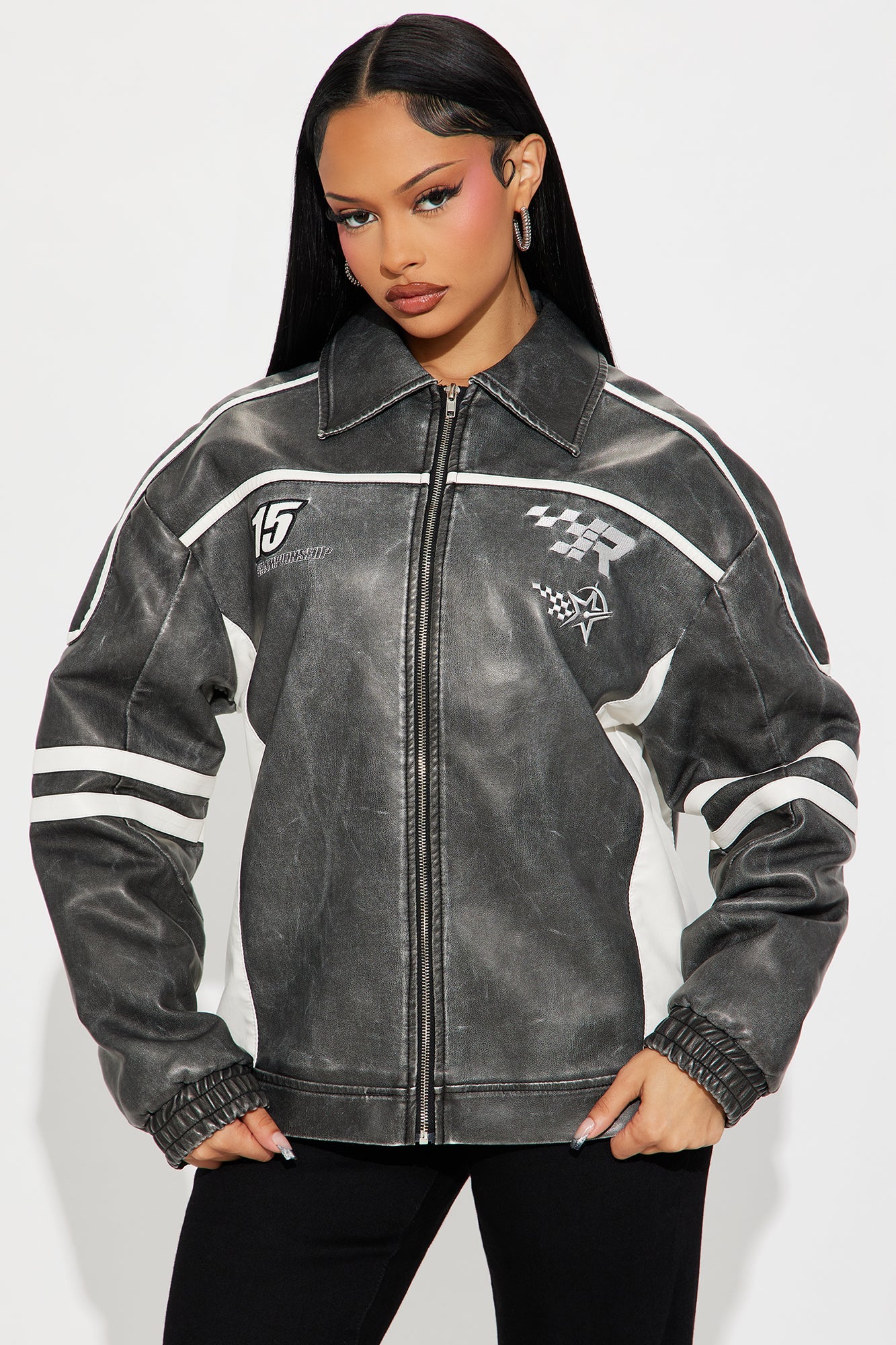 Midnight Drifter Faux Leather Jacket - Charcoal/combo