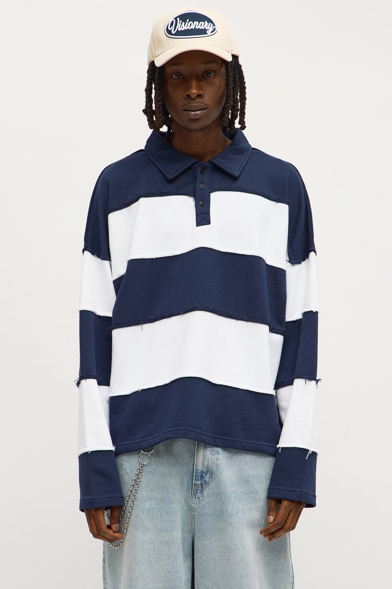 Relaxed Distressed Striped LA Long Sleeve Polo - Navy/combo