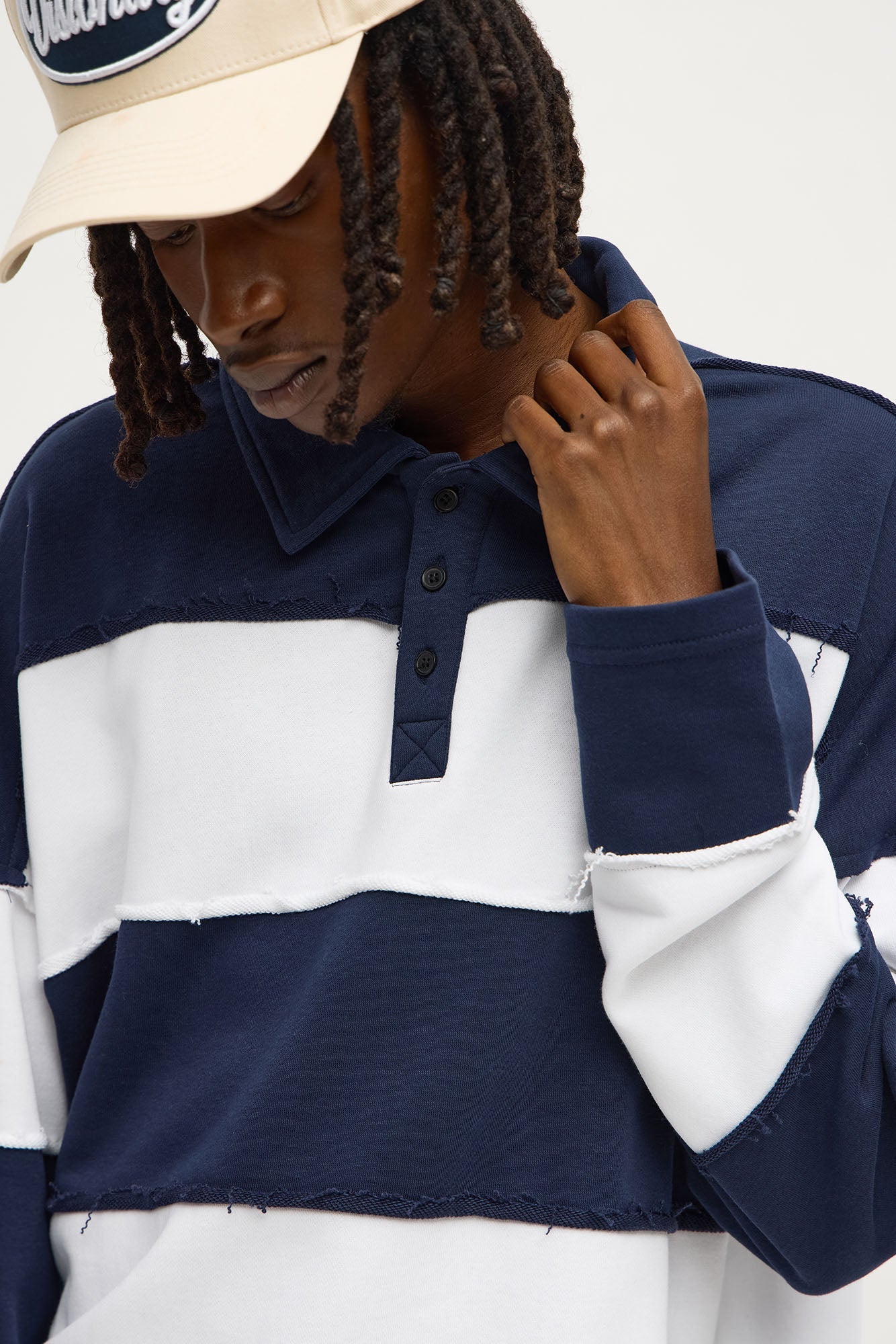 Relaxed Distressed Striped LA Long Sleeve Polo - Navy/combo