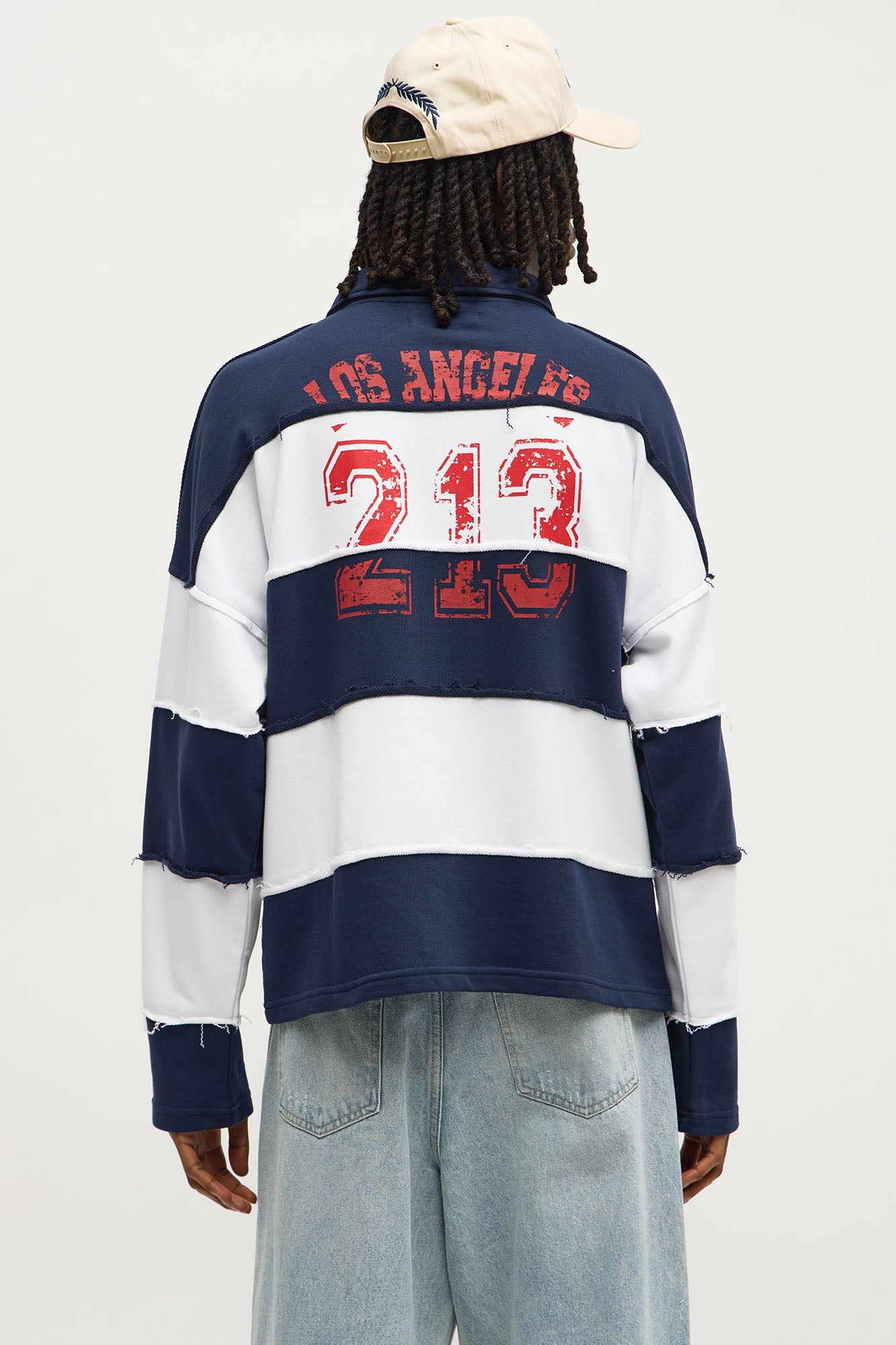 Relaxed Distressed Striped LA Long Sleeve Polo - Navy/combo
