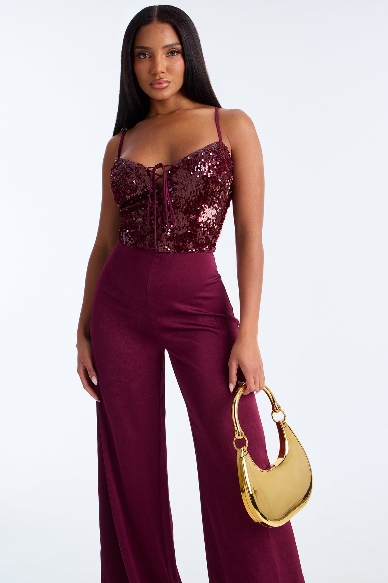 Gigi Sequin Lace Up Jumpsuit - Wine