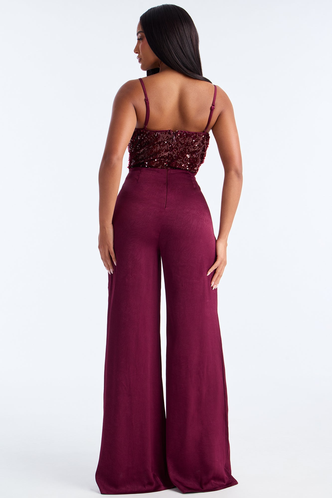 Gigi Sequin Lace Up Jumpsuit - Wine