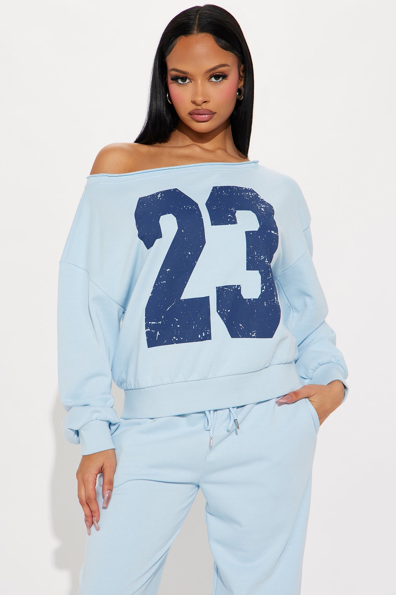 23 Off Shoulder Sweatsuit Set - Light Blue