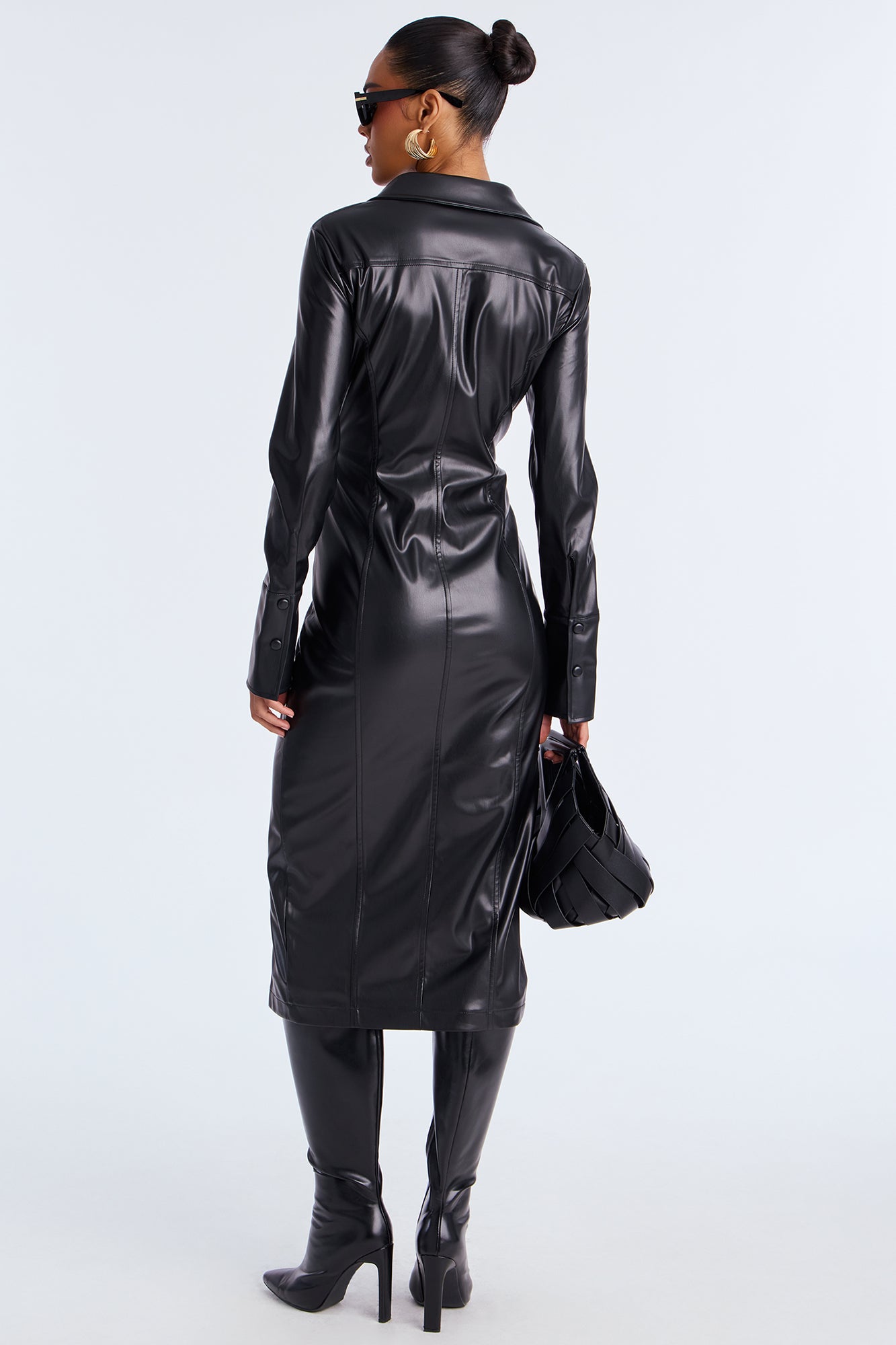 Juliana Button Up Faux Leather Midi Dress - Black