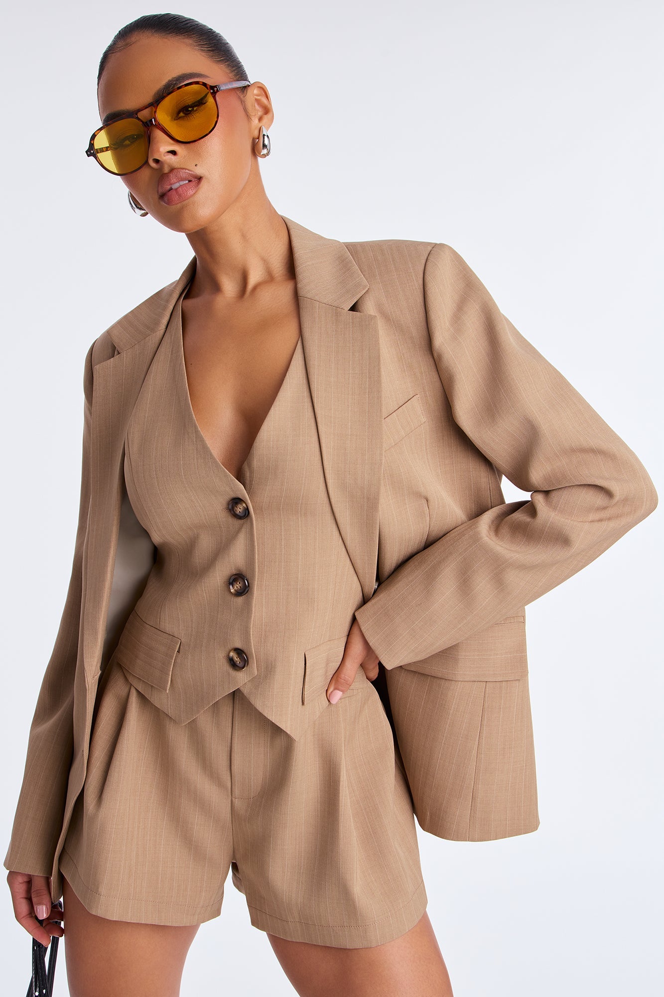Rachel Pinstripe Blazer Romper - Taupe