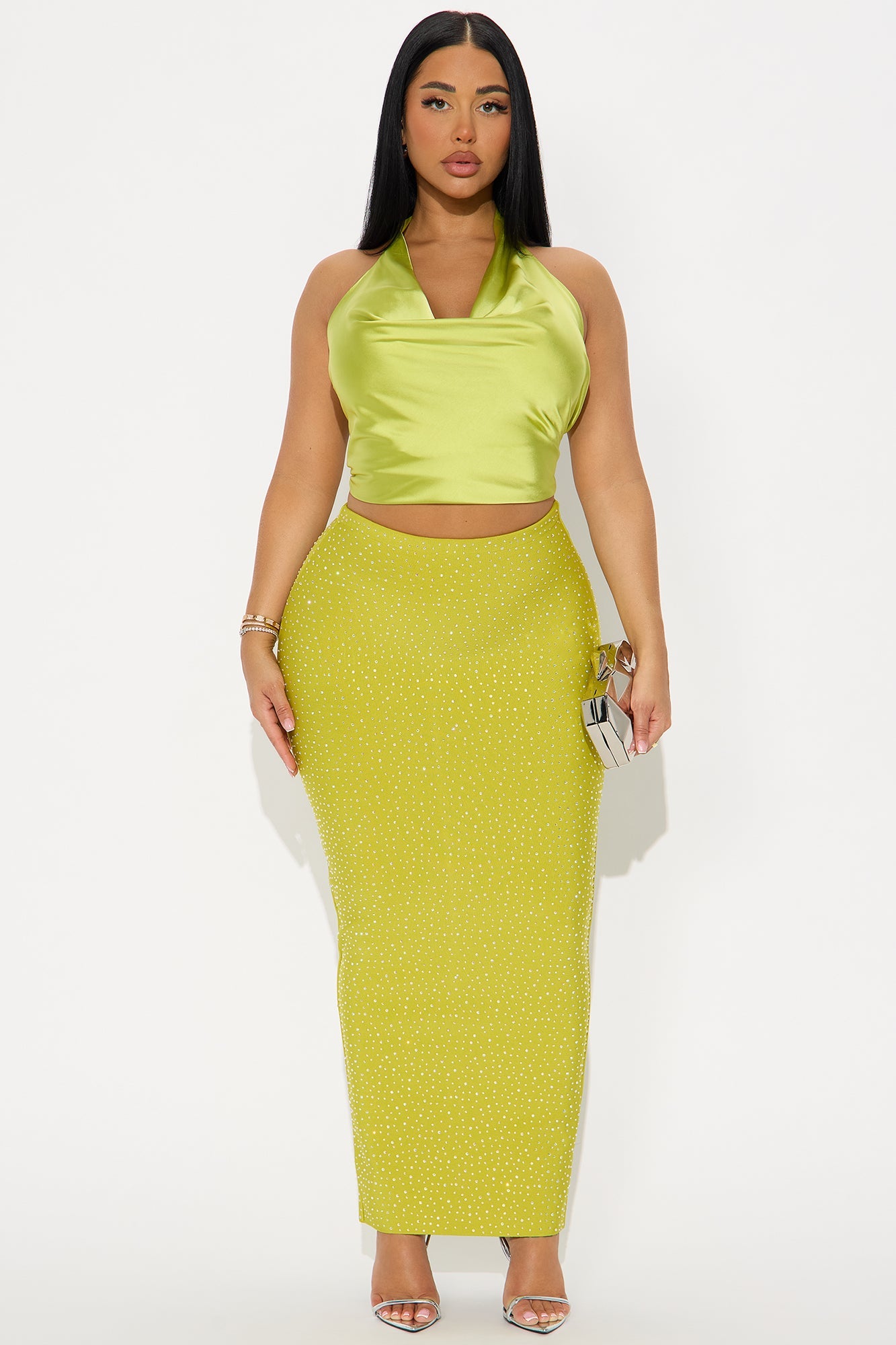 Late To The Party Rhinestone Bandage Maxi Skirt - Chartreuse