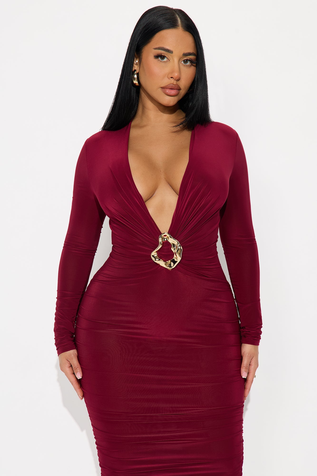 Dorian Long Sleeve Ruched Midi Dress - Wine