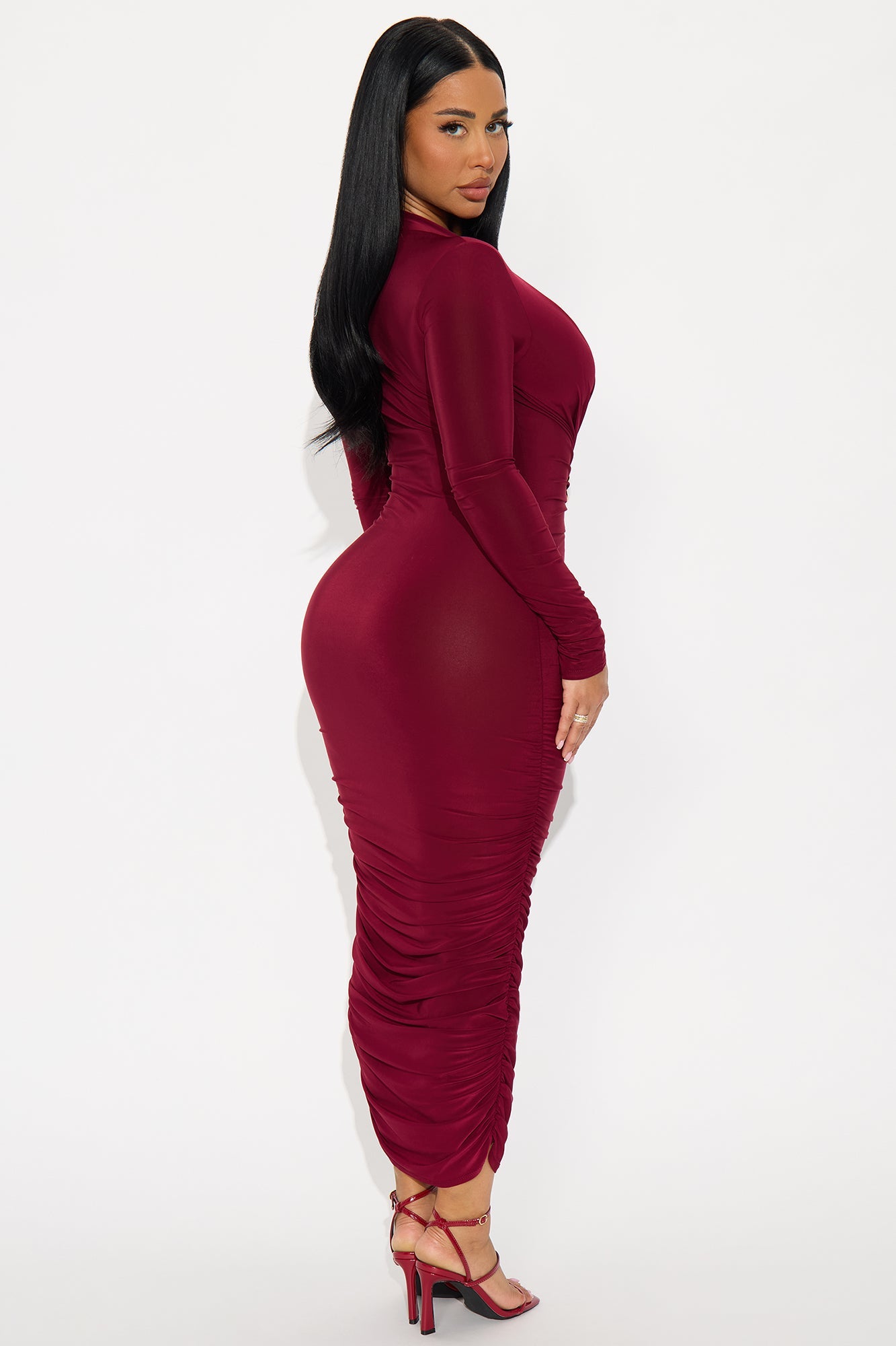 Dorian Long Sleeve Ruched Midi Dress - Wine