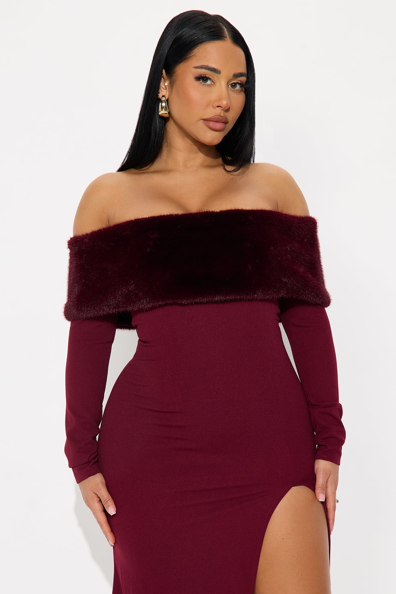 Erin Off Shoulder Fur Maxi Dress - Burgundy