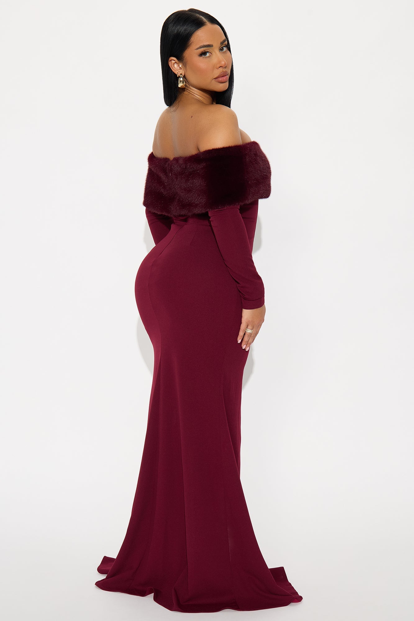 Erin Off Shoulder Fur Maxi Dress - Burgundy