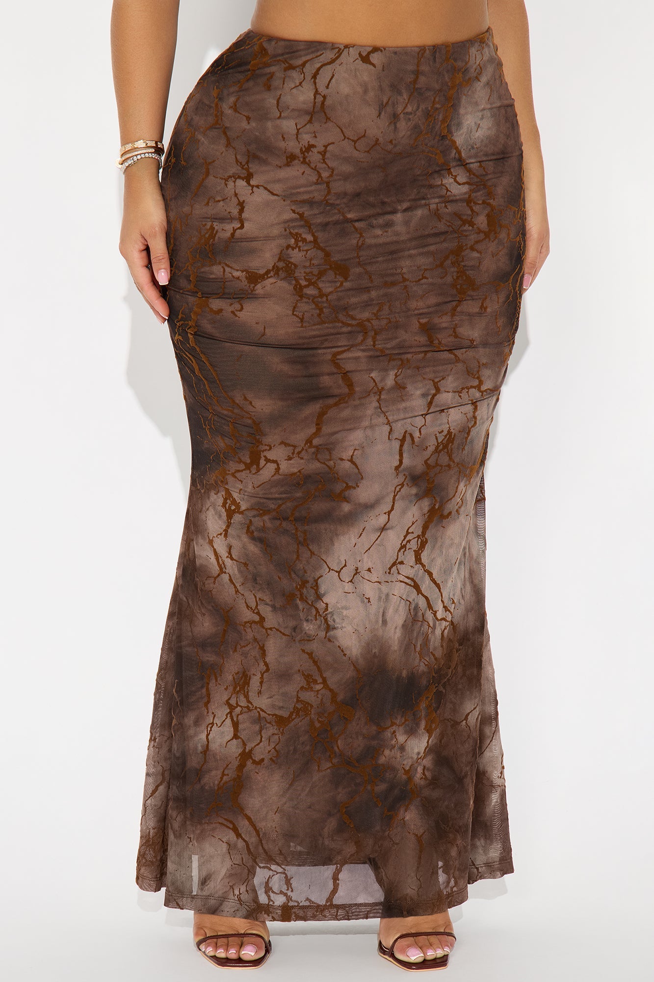 Caught In Storm Flocked Mesh Maxi Skirt - Brown/combo