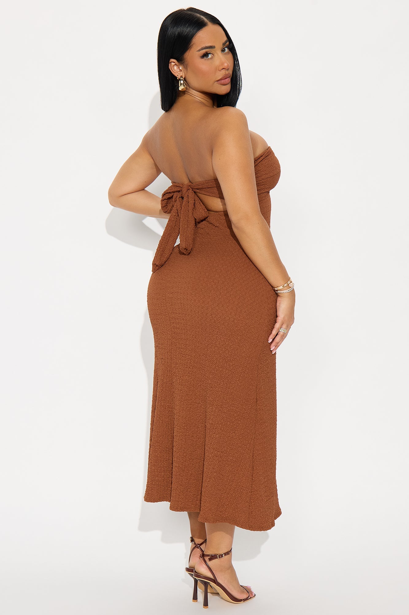 Serena Strapless Textured Midi Dress - Mocha