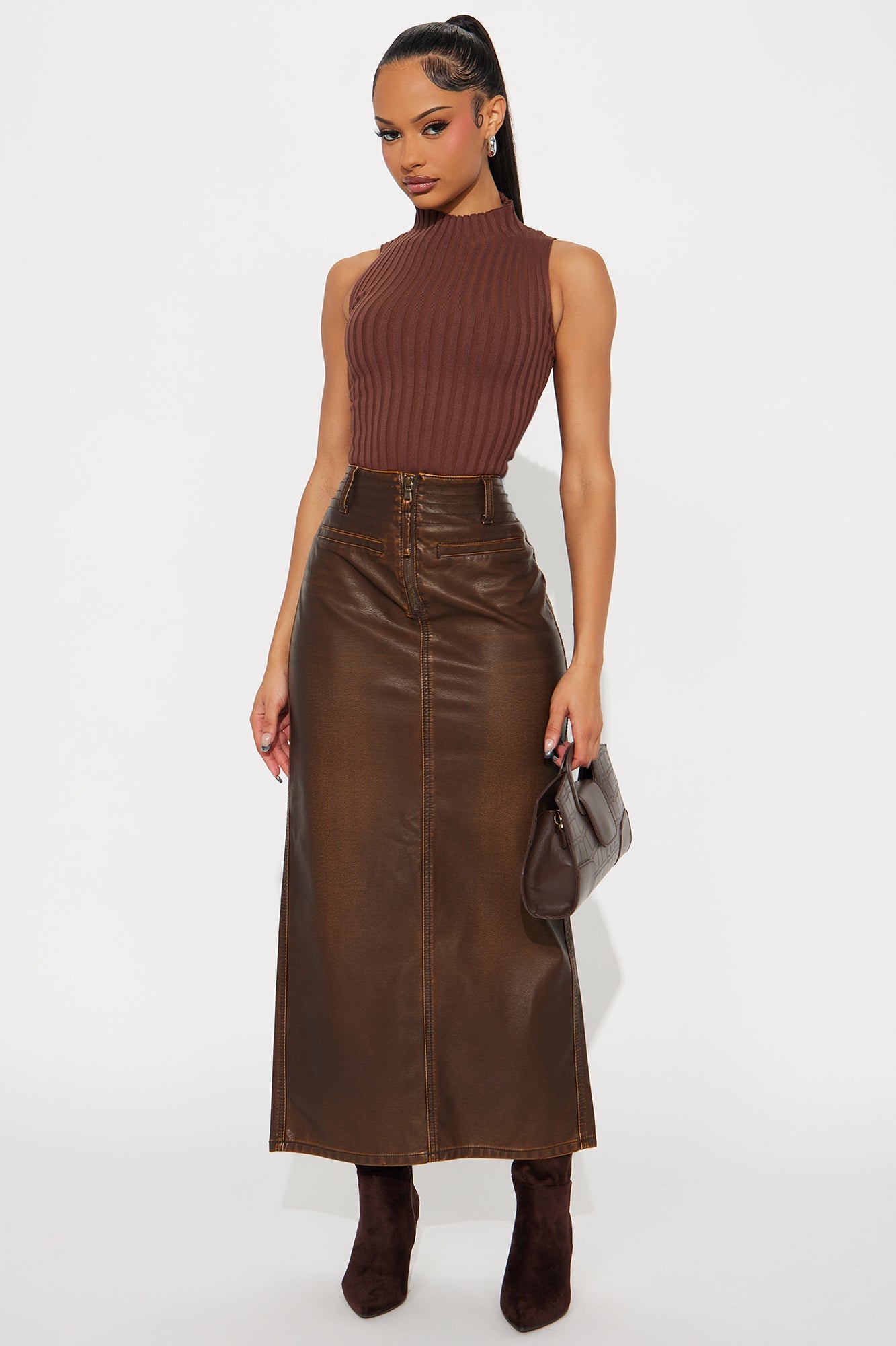 Bad To The Bone Washed Faux Leather Maxi Skirt - Brown
