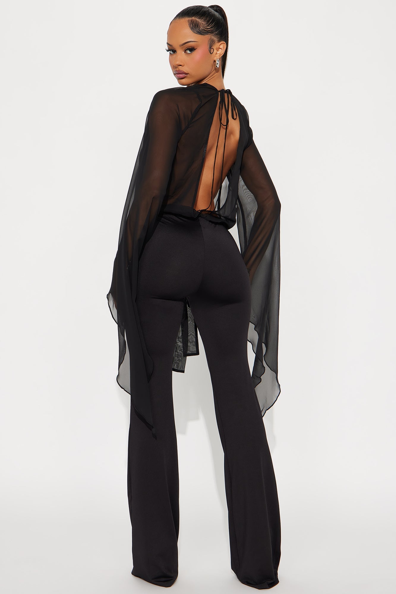 Solstice Sheer Draped Sleeves Jumpsuit - Black