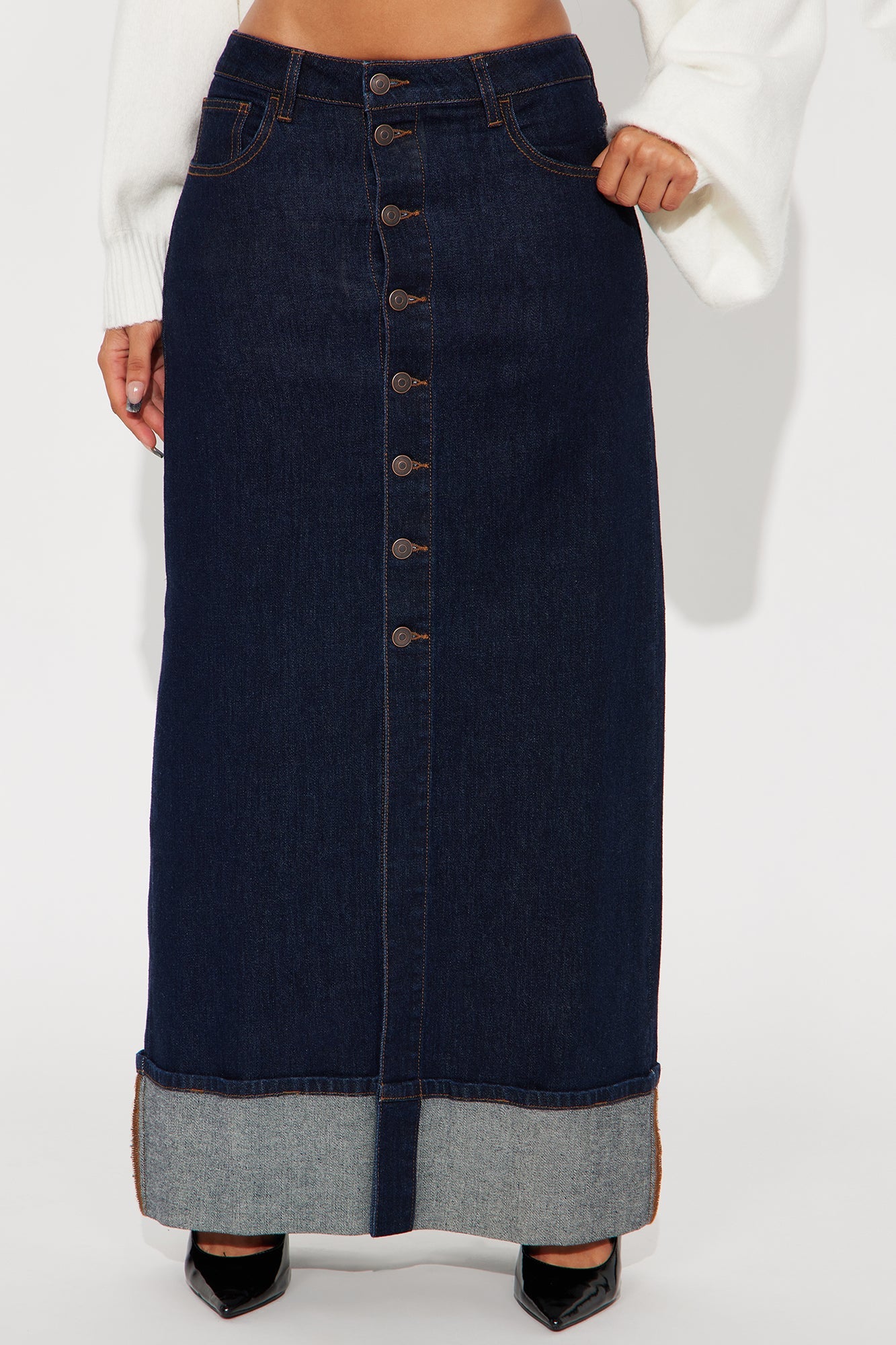 Loulou Mid Rise Denim Cuffed Hem Ankle Maxi Skirt - Rinse Blue Wash