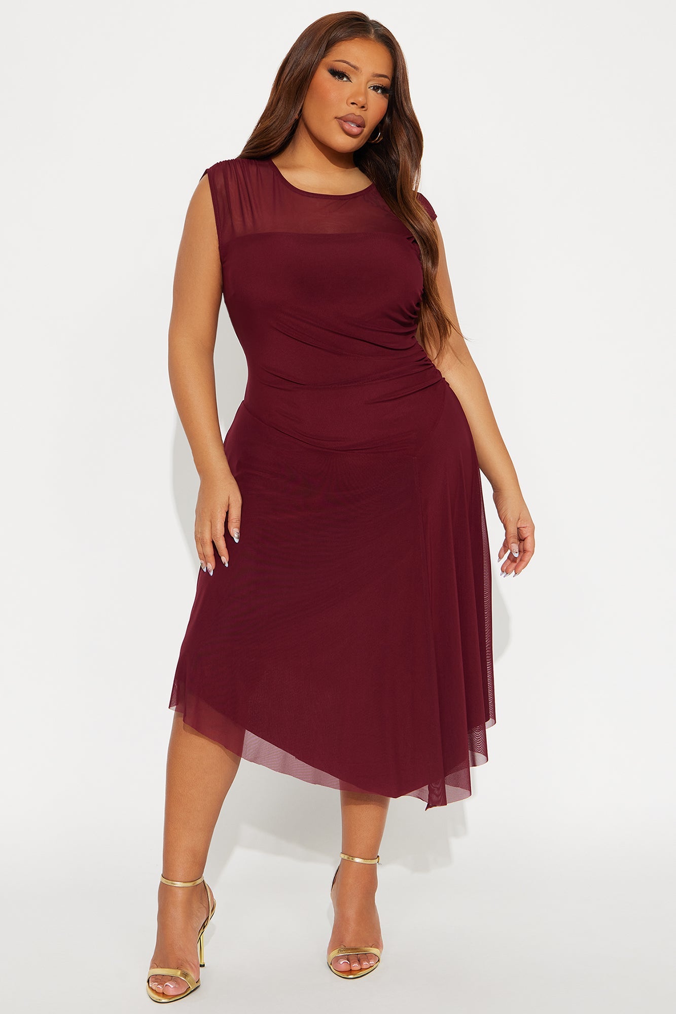 Ayla Asymmetrical Mesh Midi Dress - Wine