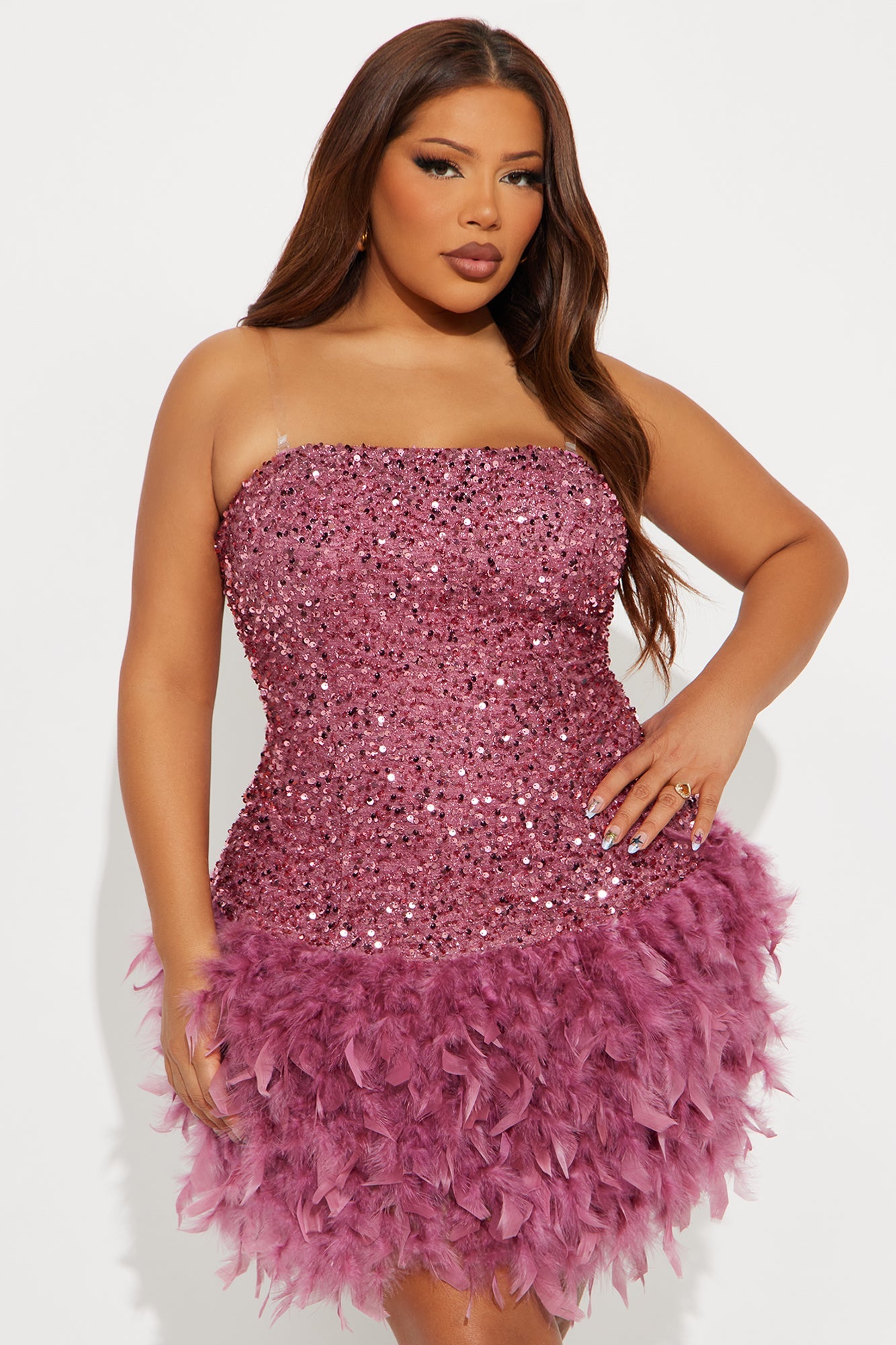 Tall Zoey Feathered Sequin Mini Dress - Mauve
